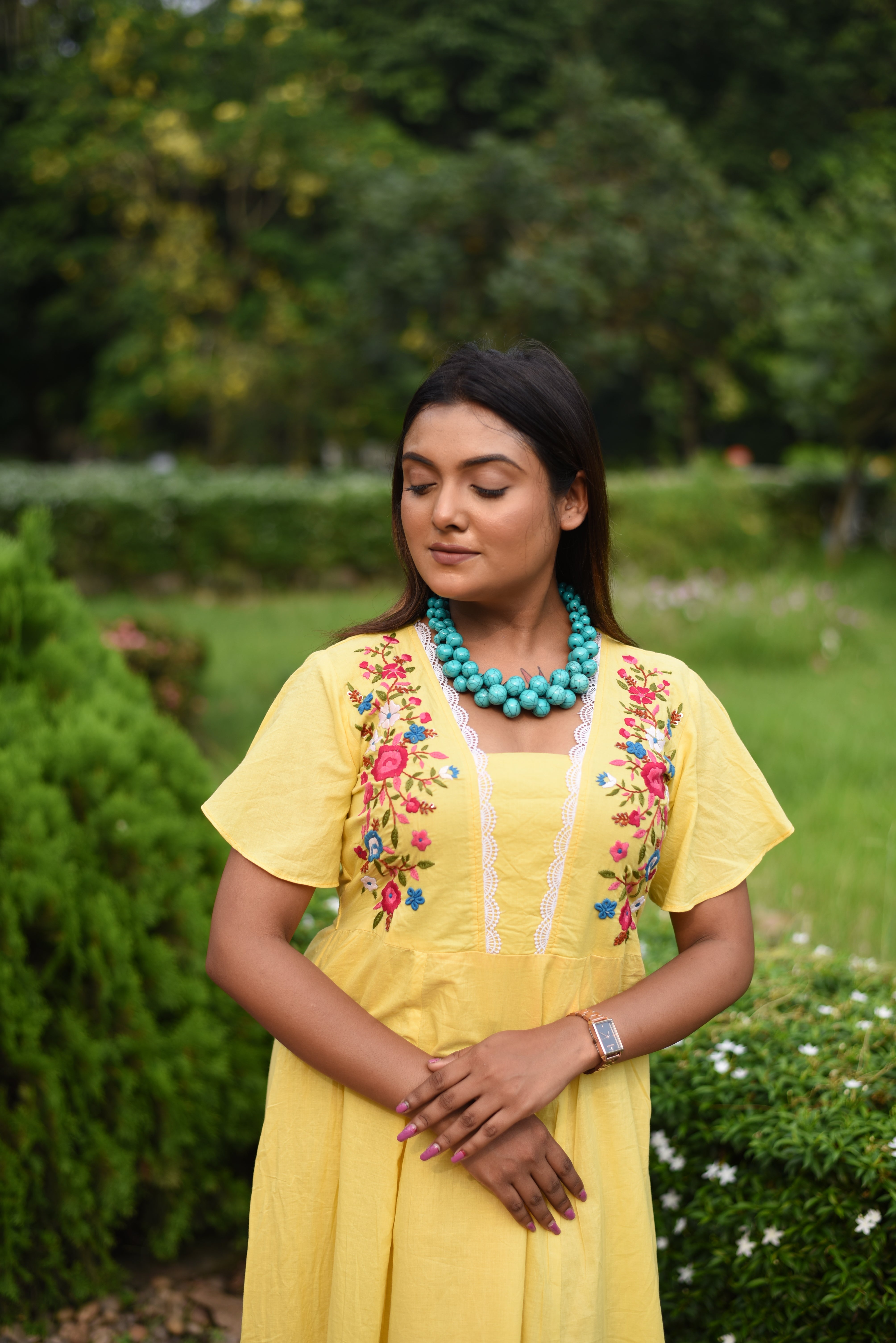 Hand Embroidered Yellow Cotton Dress