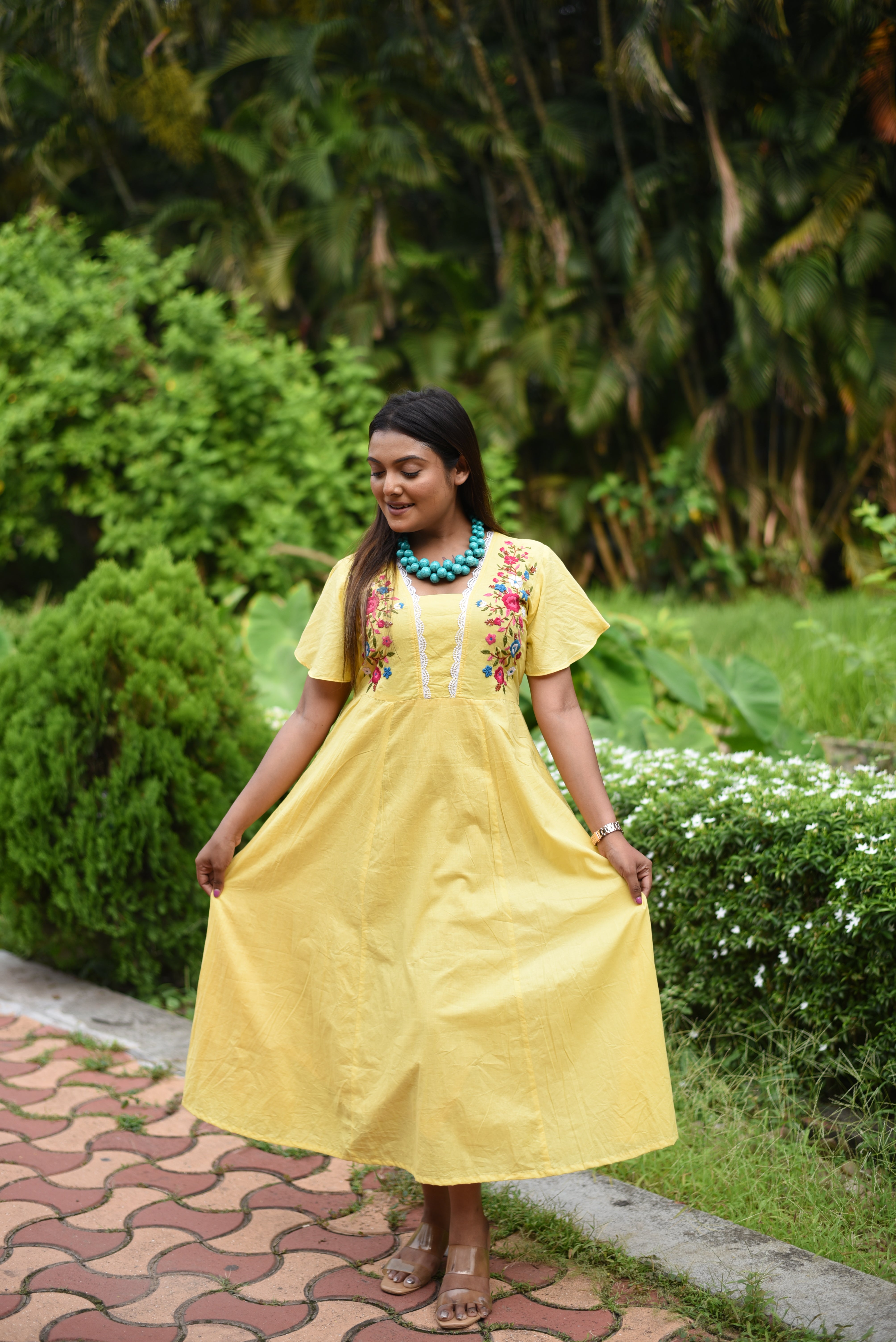Hand Embroidered Yellow Cotton Dress