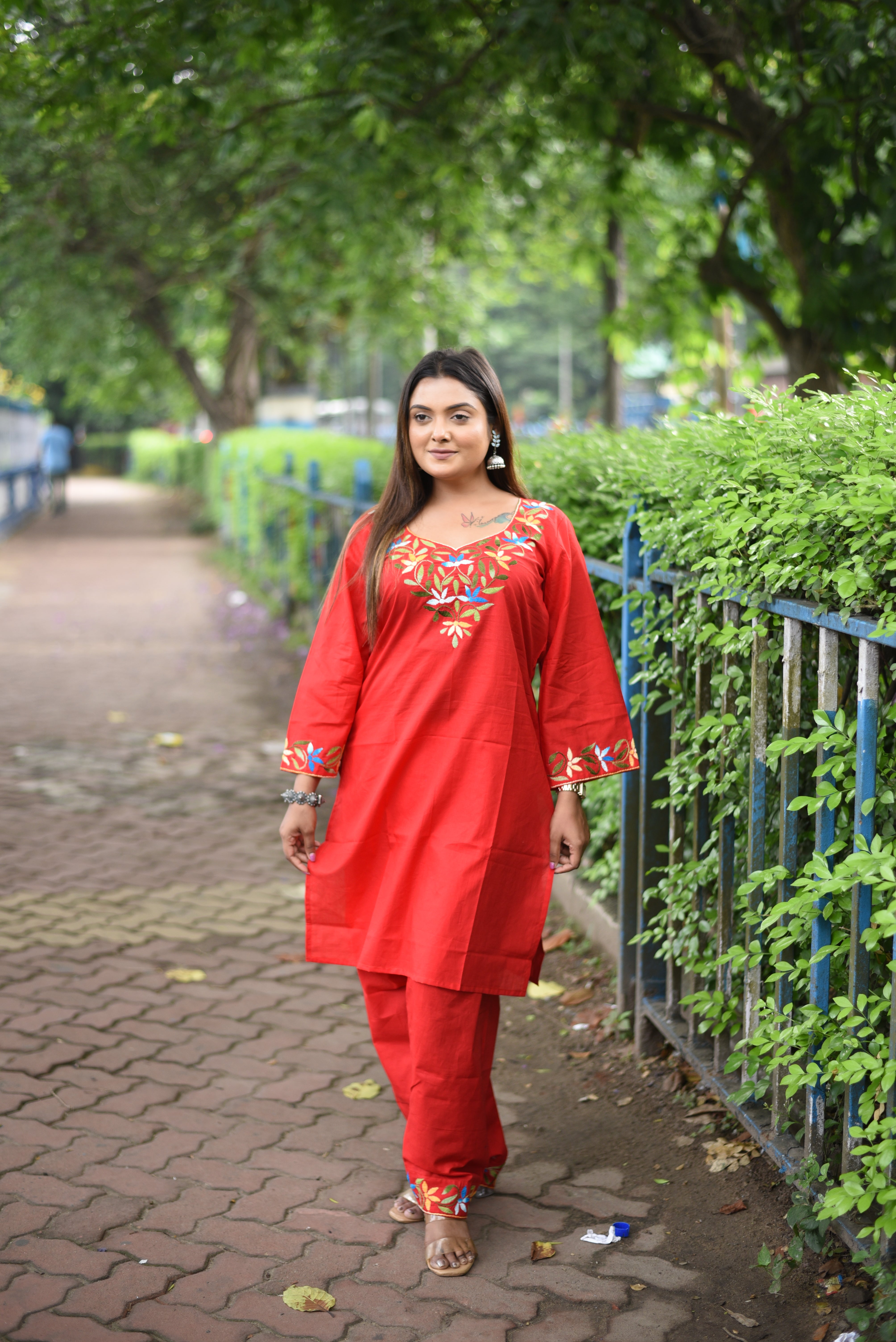 Red Hand Embroidered Cotton Co-ord Sets