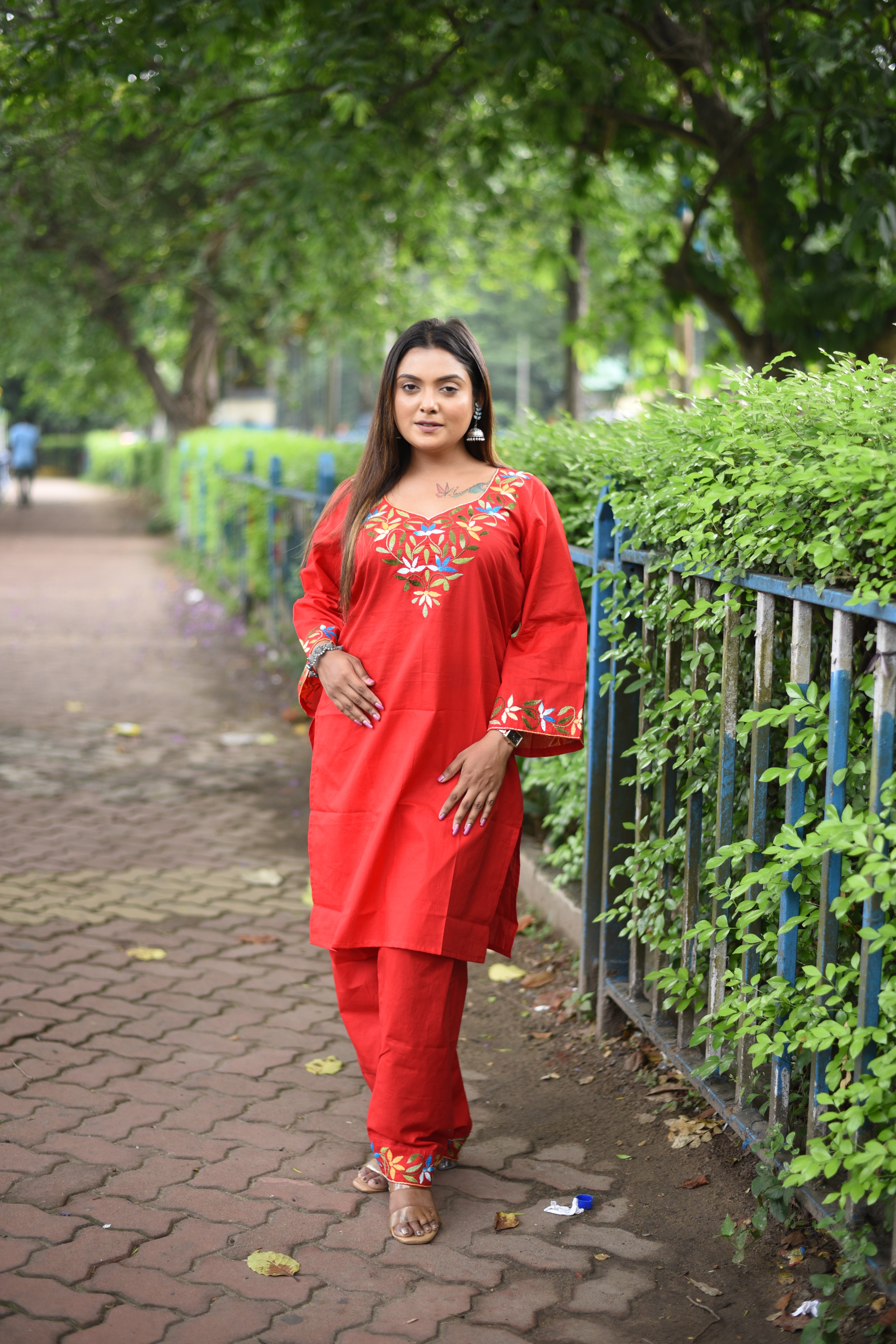 Red Hand Embroidered Cotton Co-ord Sets