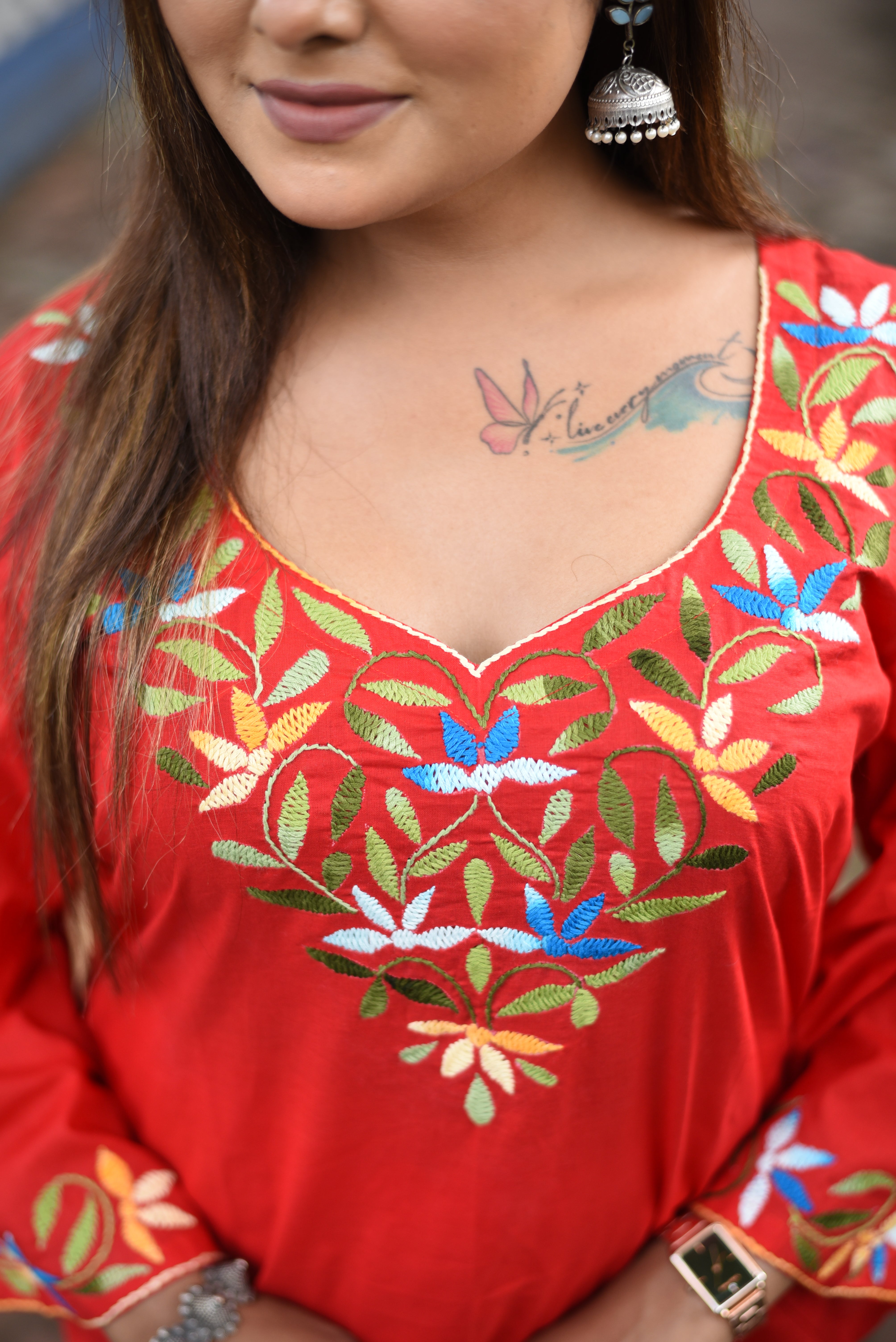Red Hand Embroidered Cotton Co-ord Sets