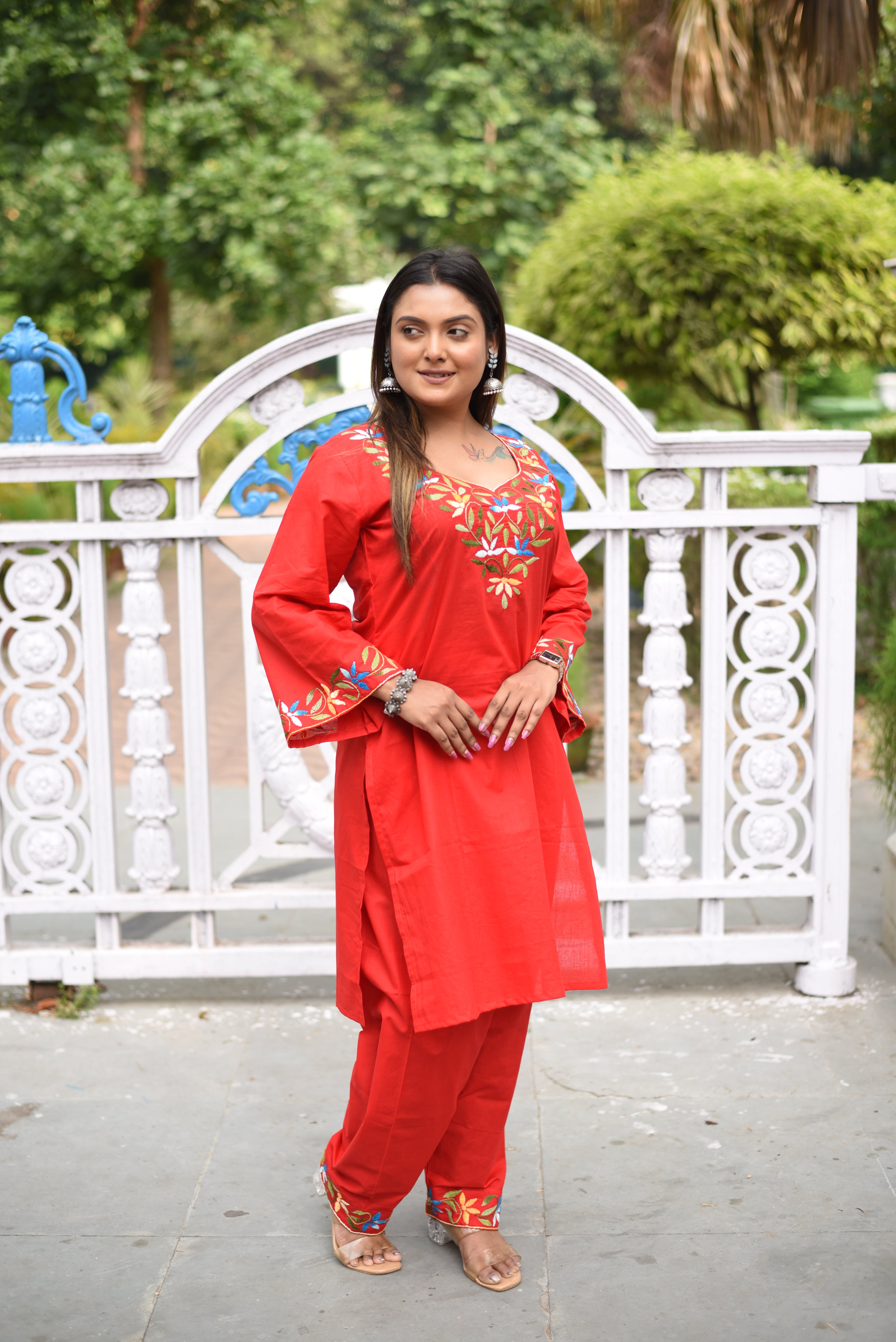 Red Hand Embroidered Cotton Co-ord Sets