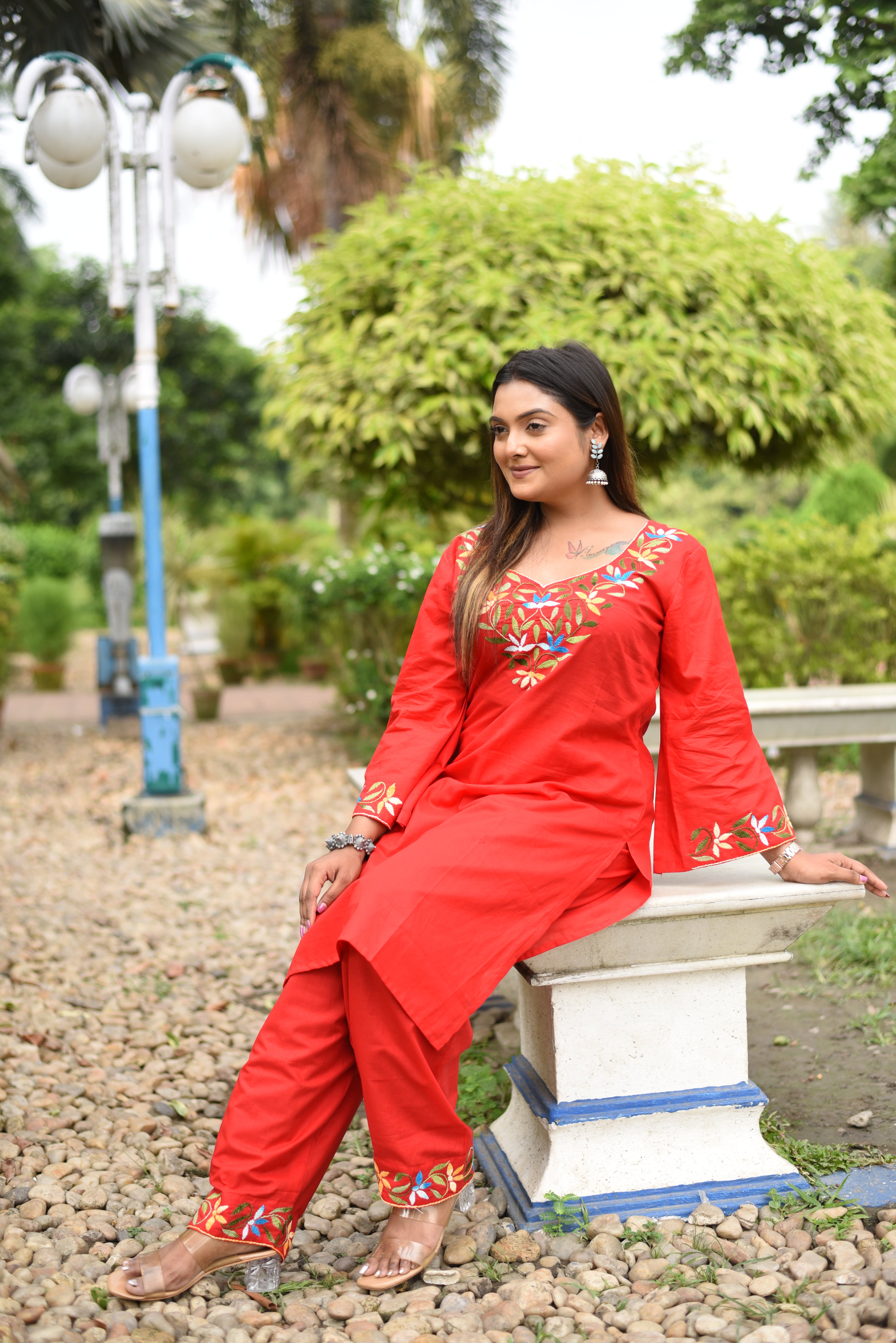Red Hand Embroidered Cotton Co-ord Sets
