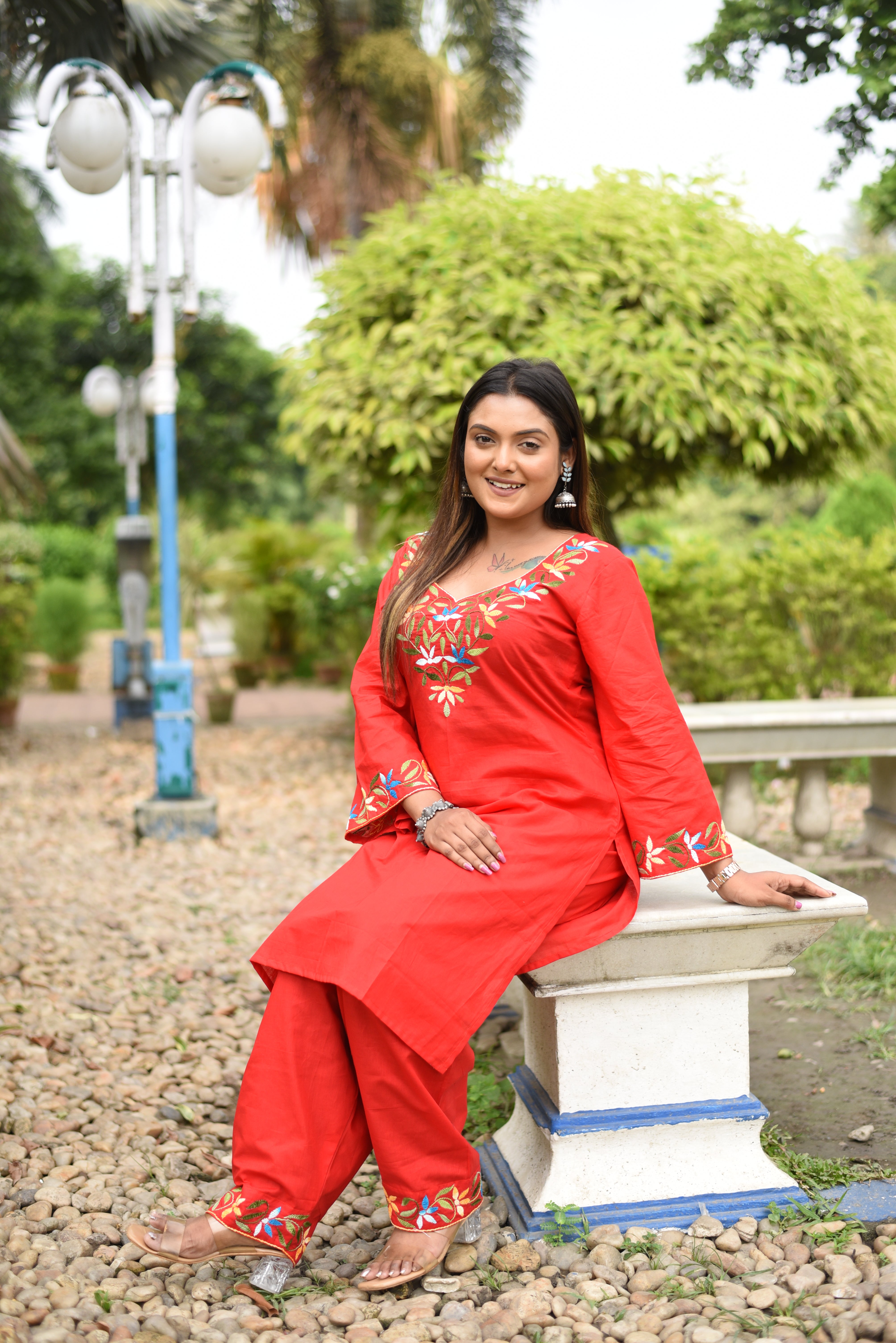 Red Hand Embroidered Cotton Co-ord Sets