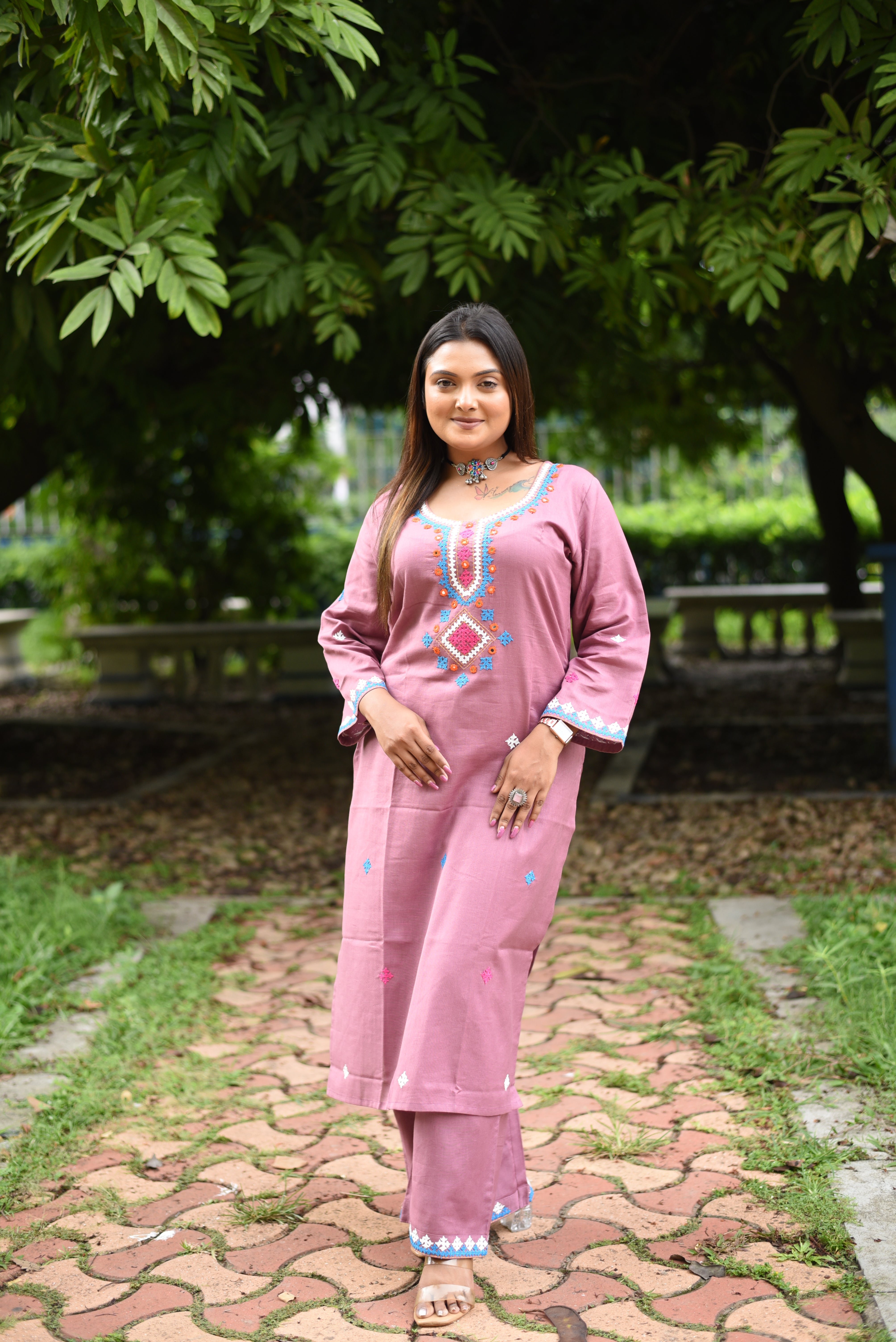 Onion Pink Kutch Hand Emroidered Cotton Co-ord Sets