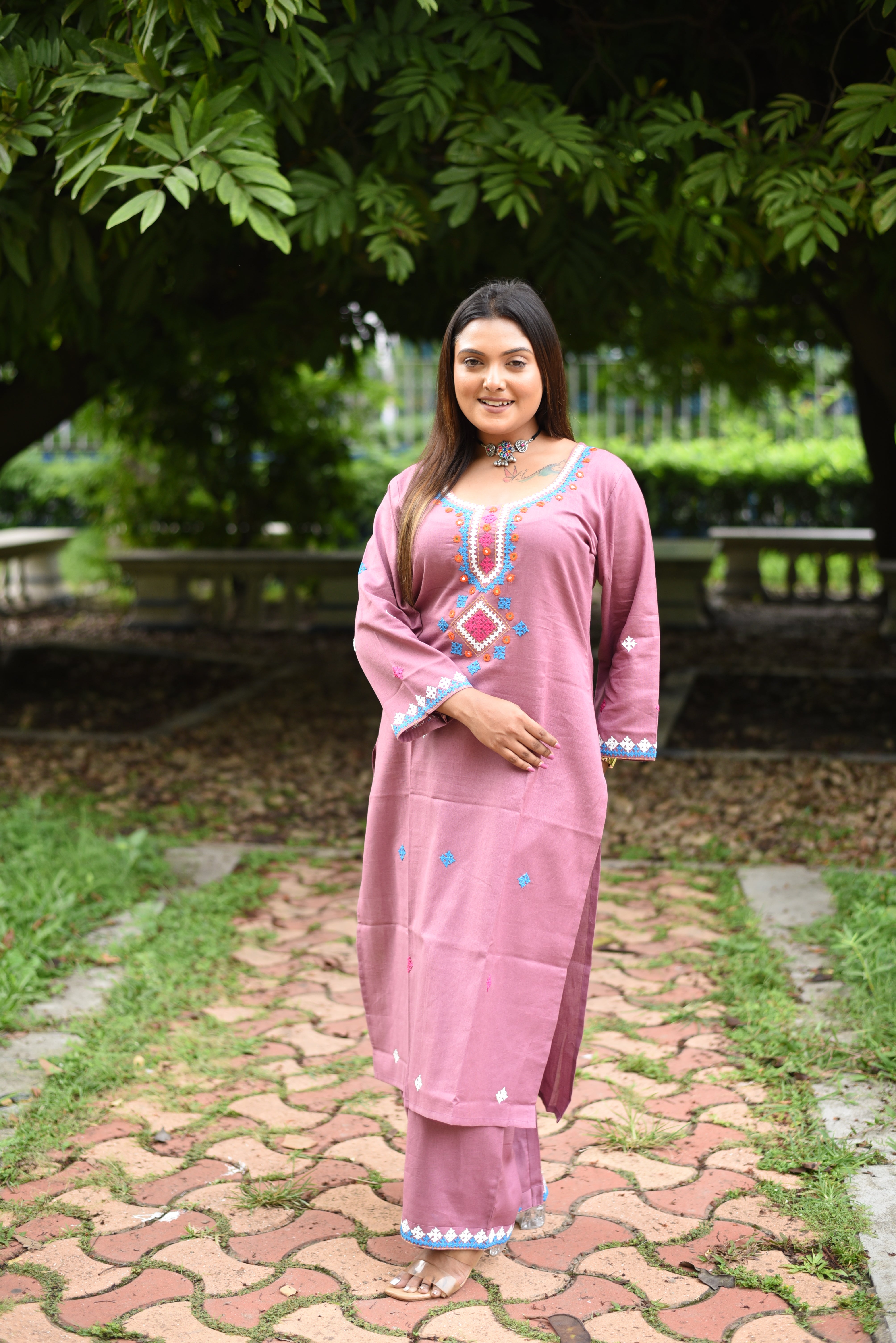 Onion Pink Kutch Hand Emroidered Cotton Co-ord Sets