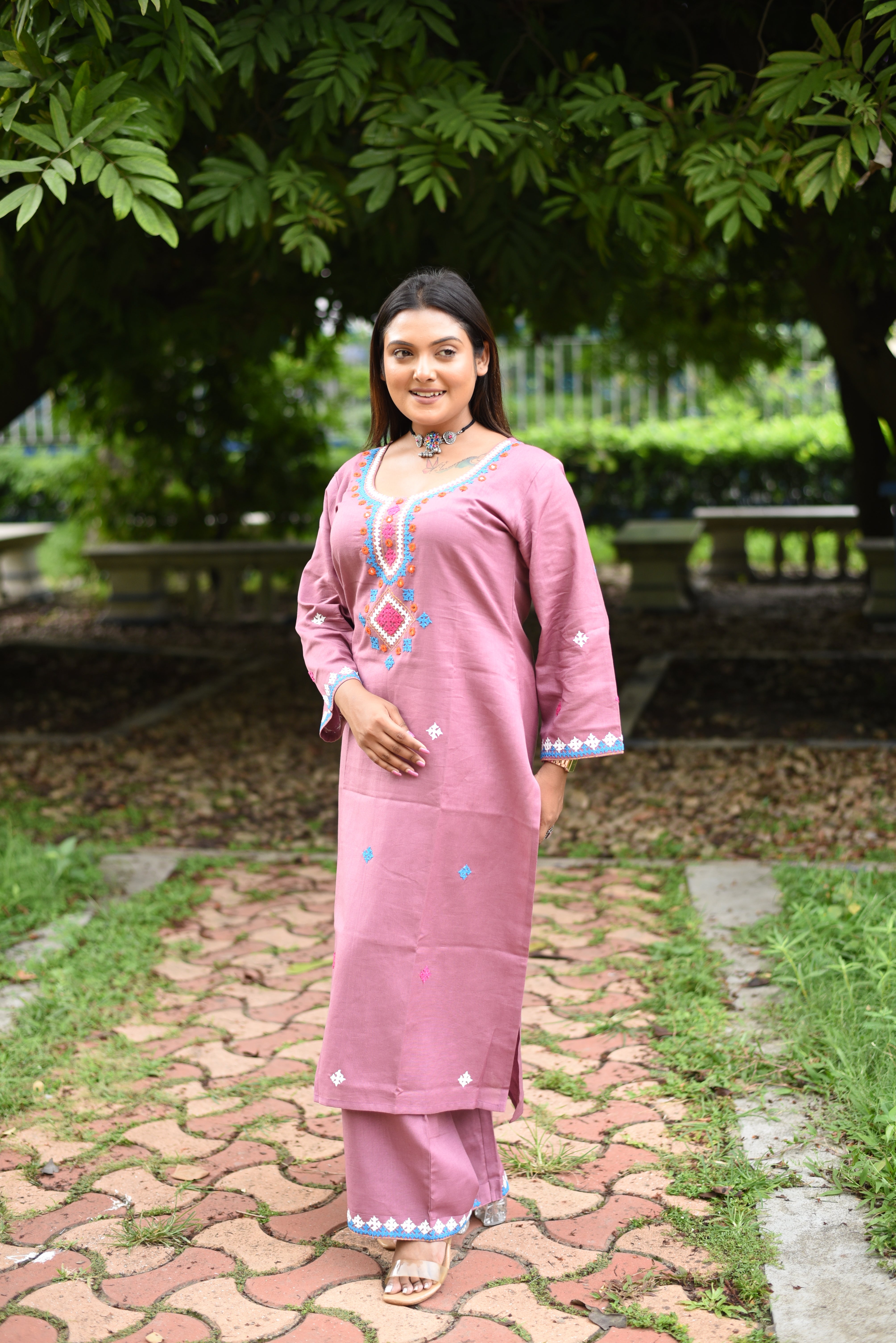 Onion Pink Kutch Hand Emroidered Cotton Co-ord Sets