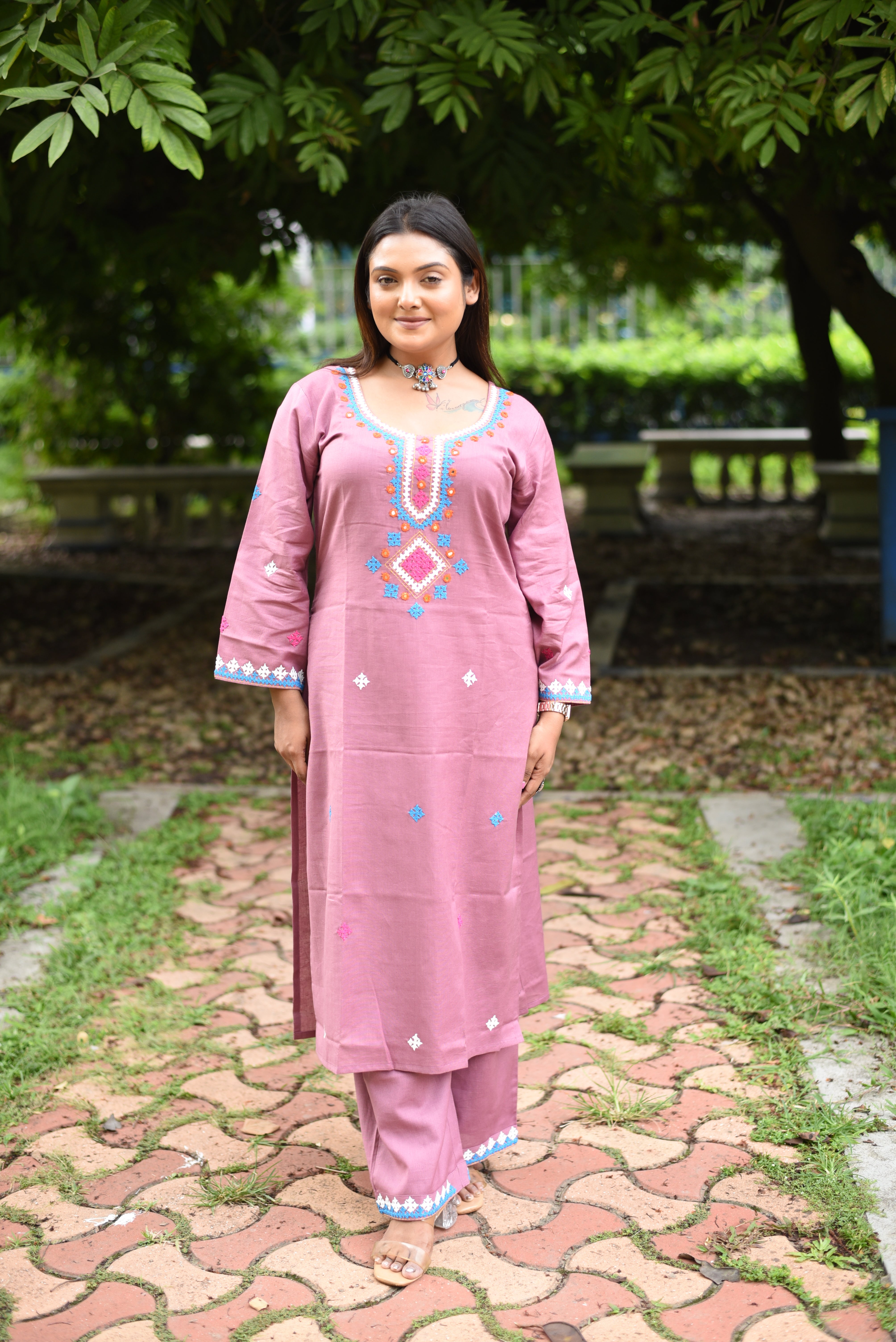 Onion Pink Kutch Hand Emroidered Cotton Co-ord Sets