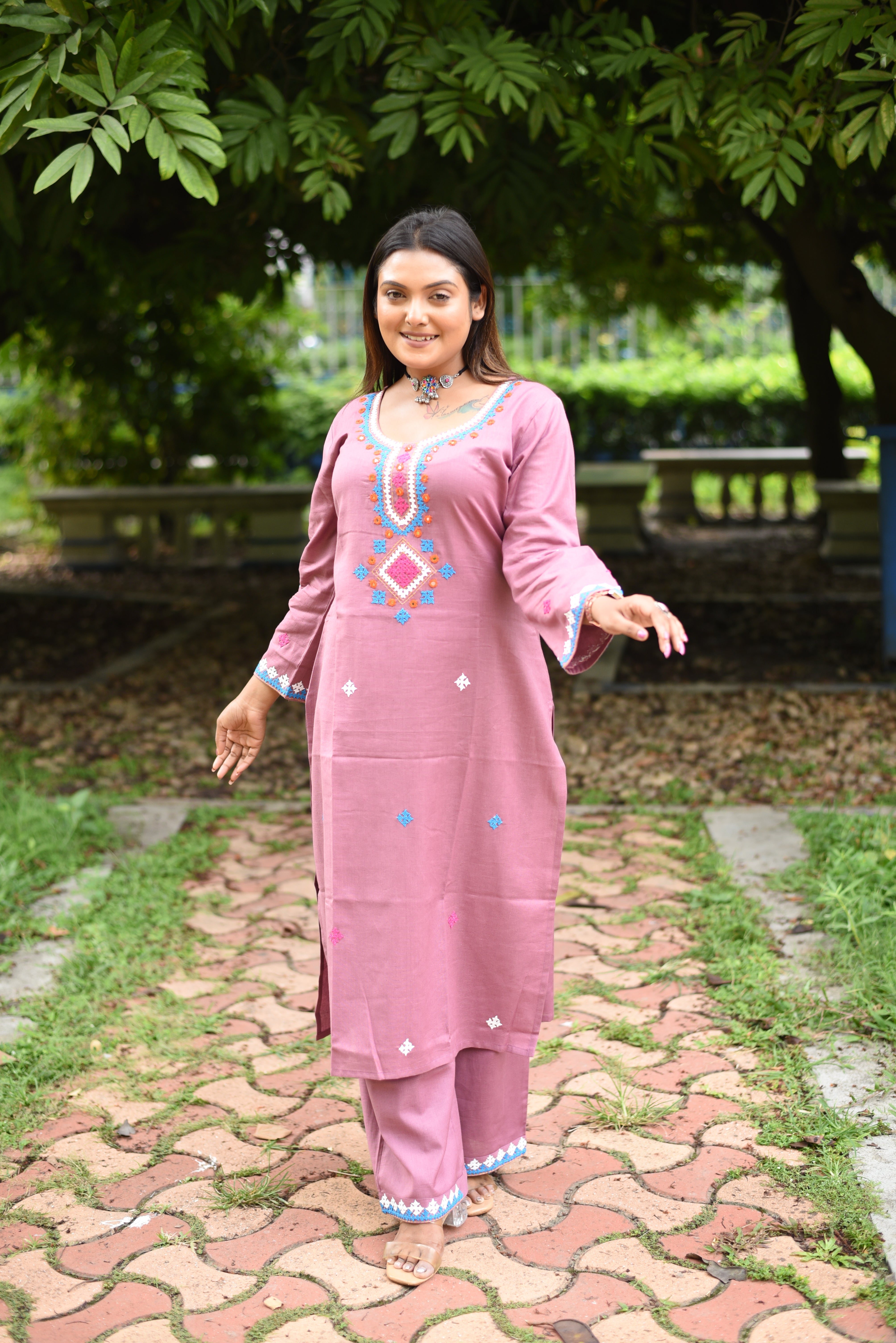 Onion Pink Kutch Hand Emroidered Cotton Co-ord Sets