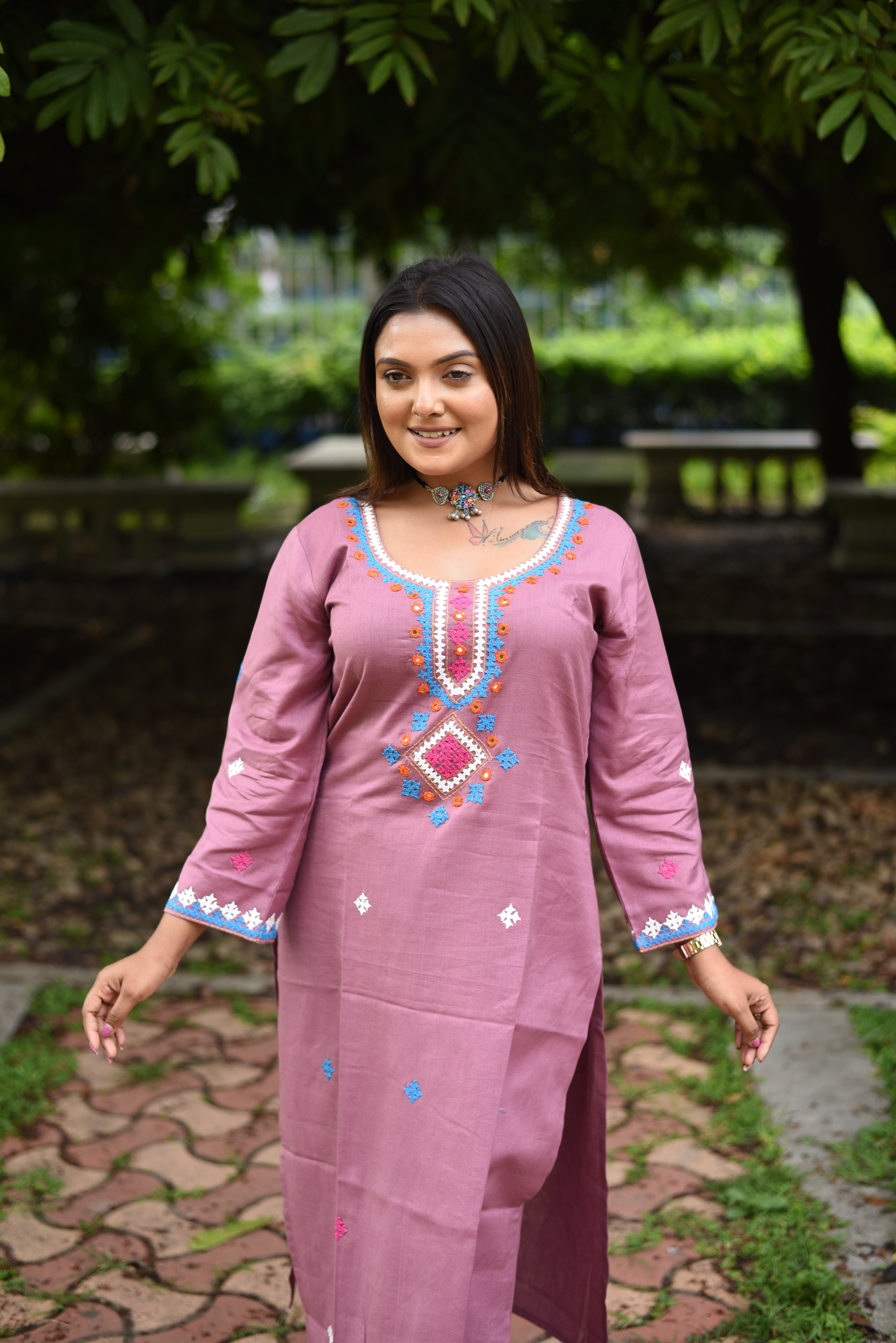 Onion Pink Kutch Hand Emroidered Cotton Co-ord Sets