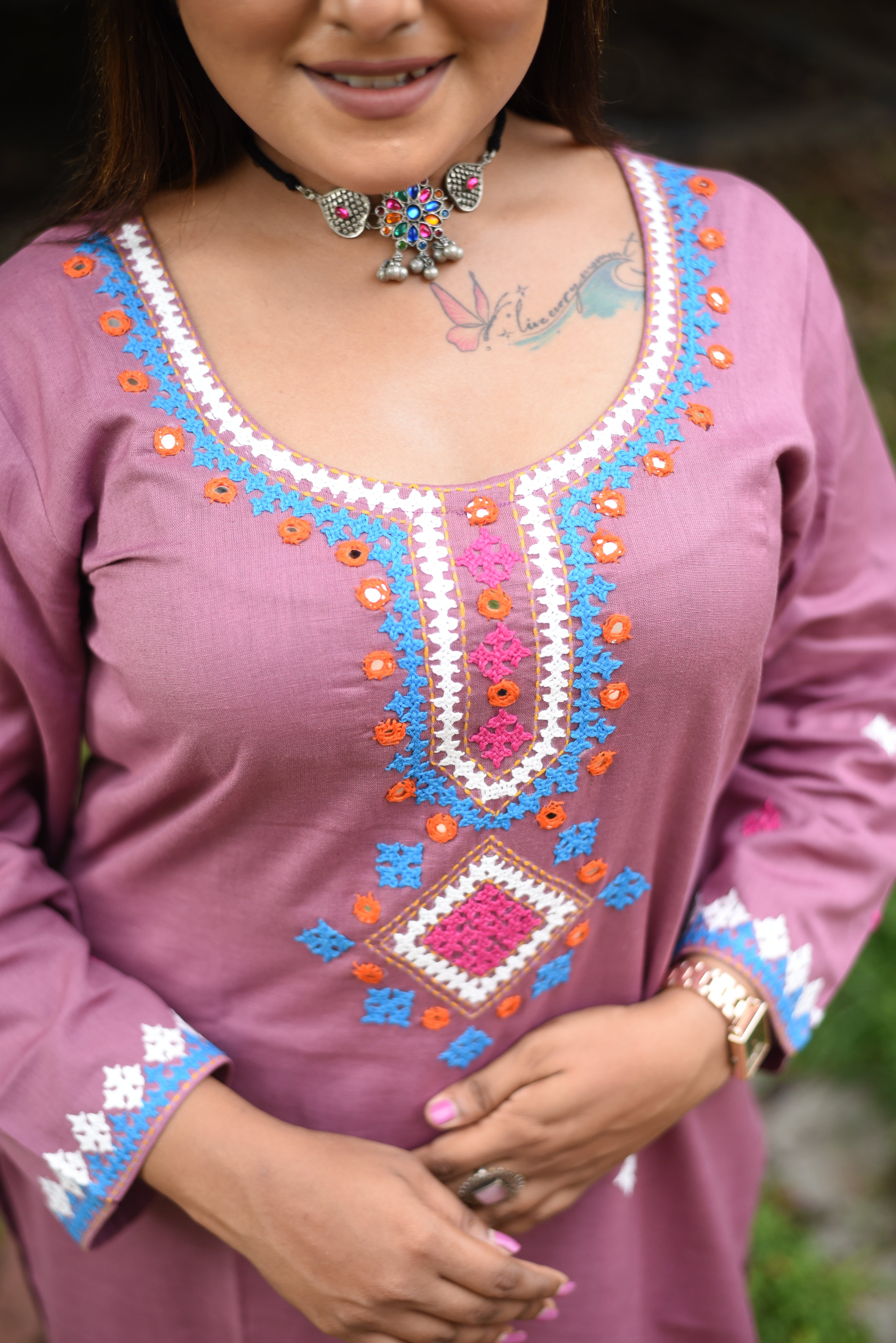 Onion Pink Kutch Hand Emroidered Cotton Co-ord Sets
