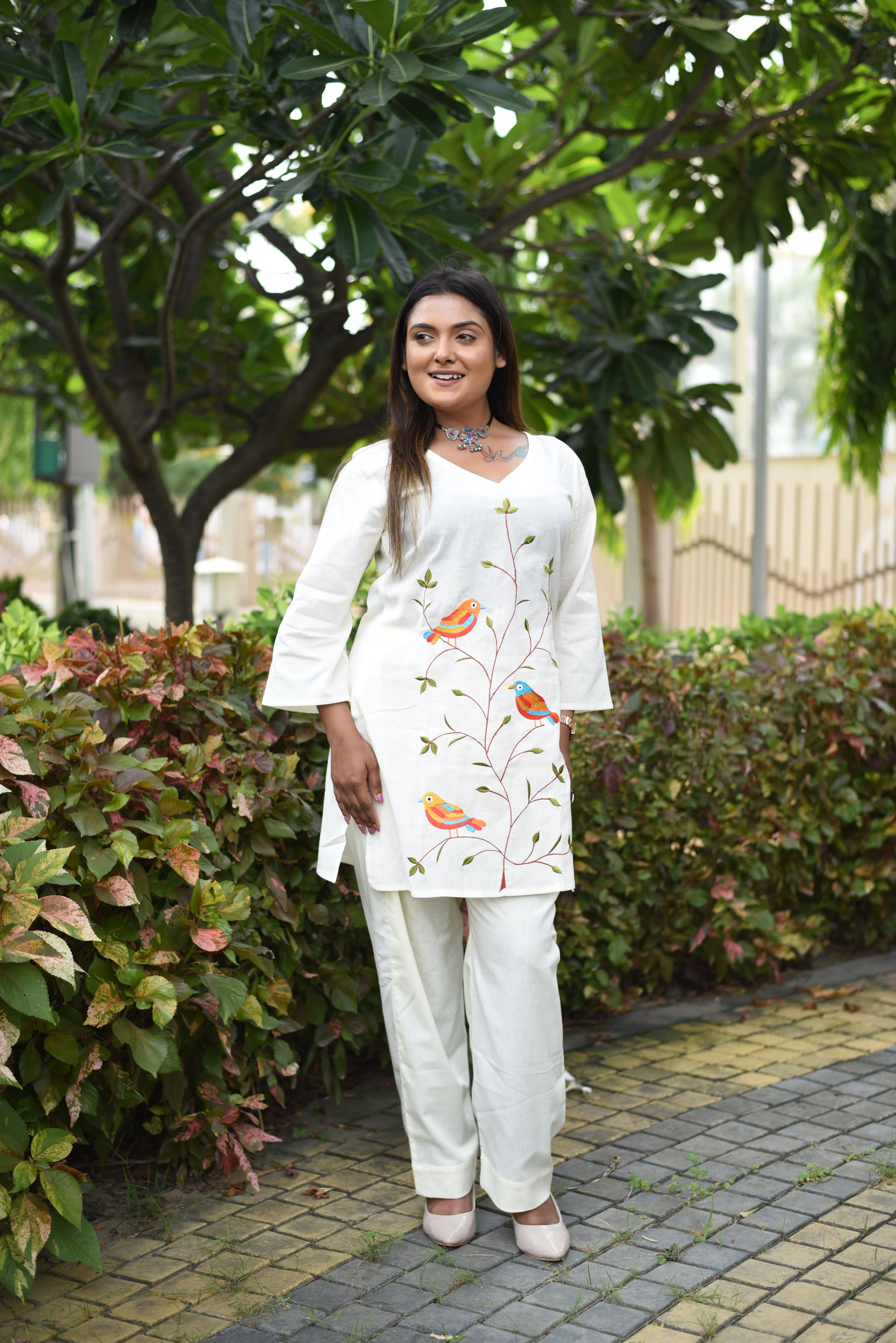 Off White Embroidered Cotton Co-ord Sets