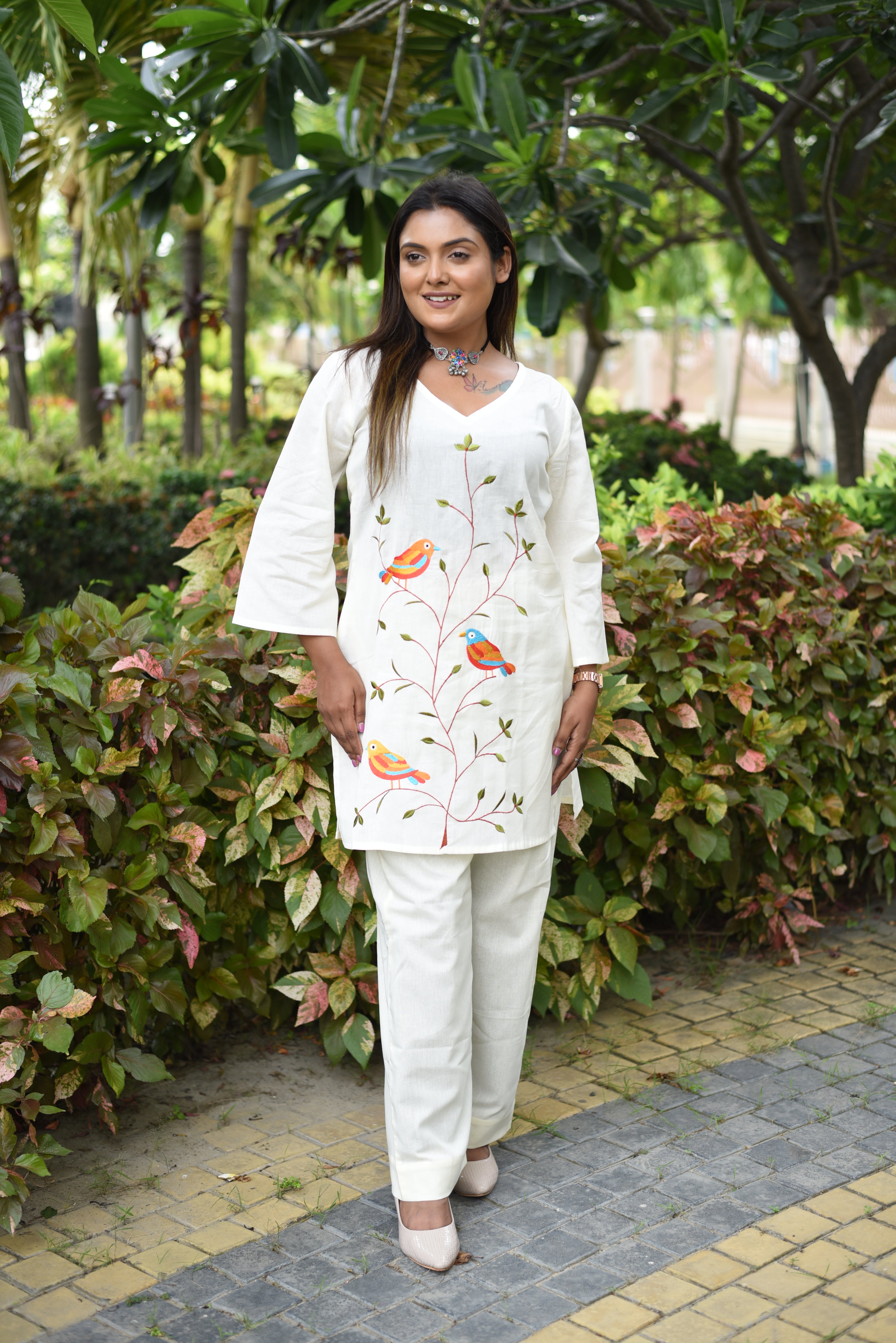 Off White Embroidered Cotton Co-ord Sets