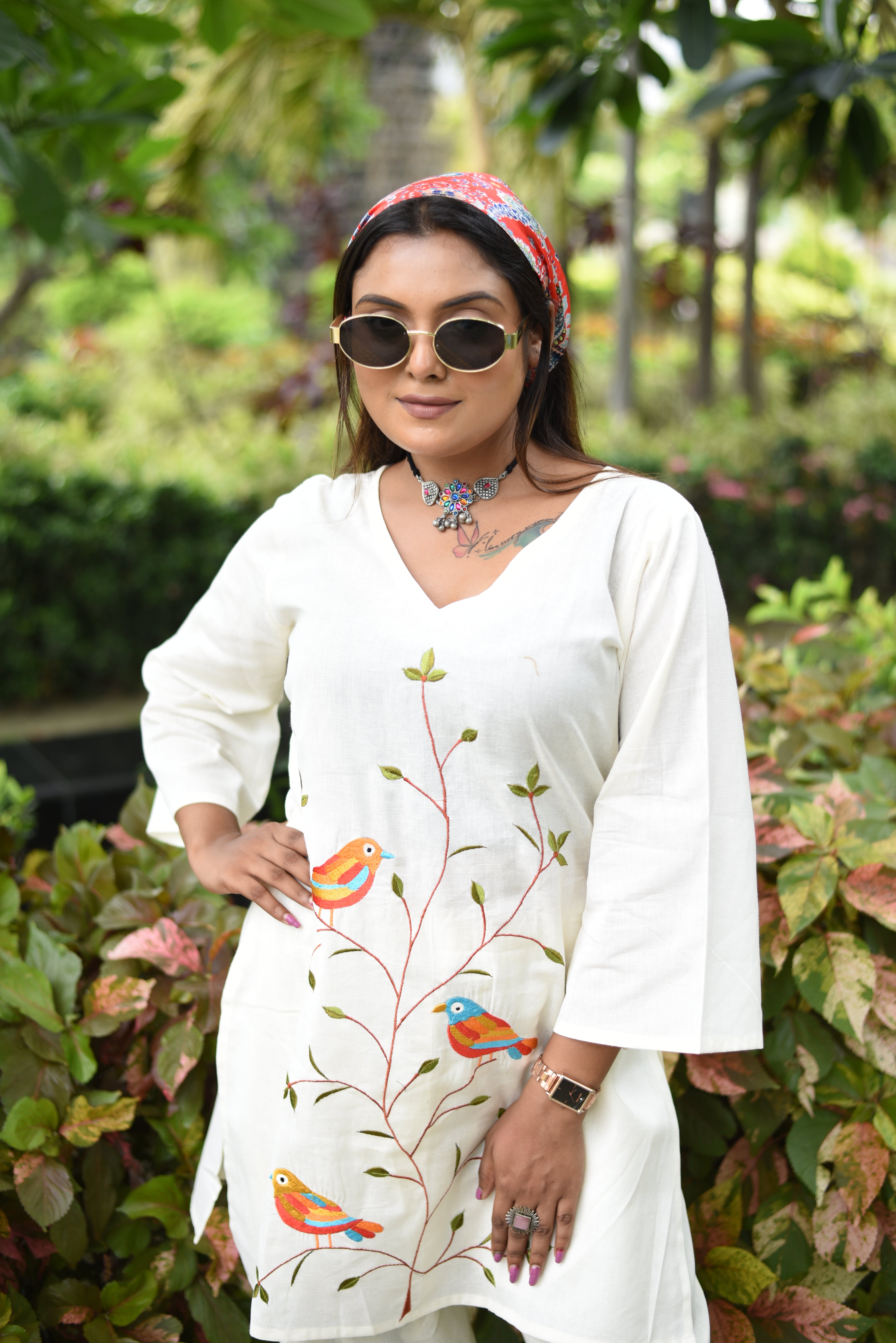 Off White Embroidered Cotton Co-ord Sets