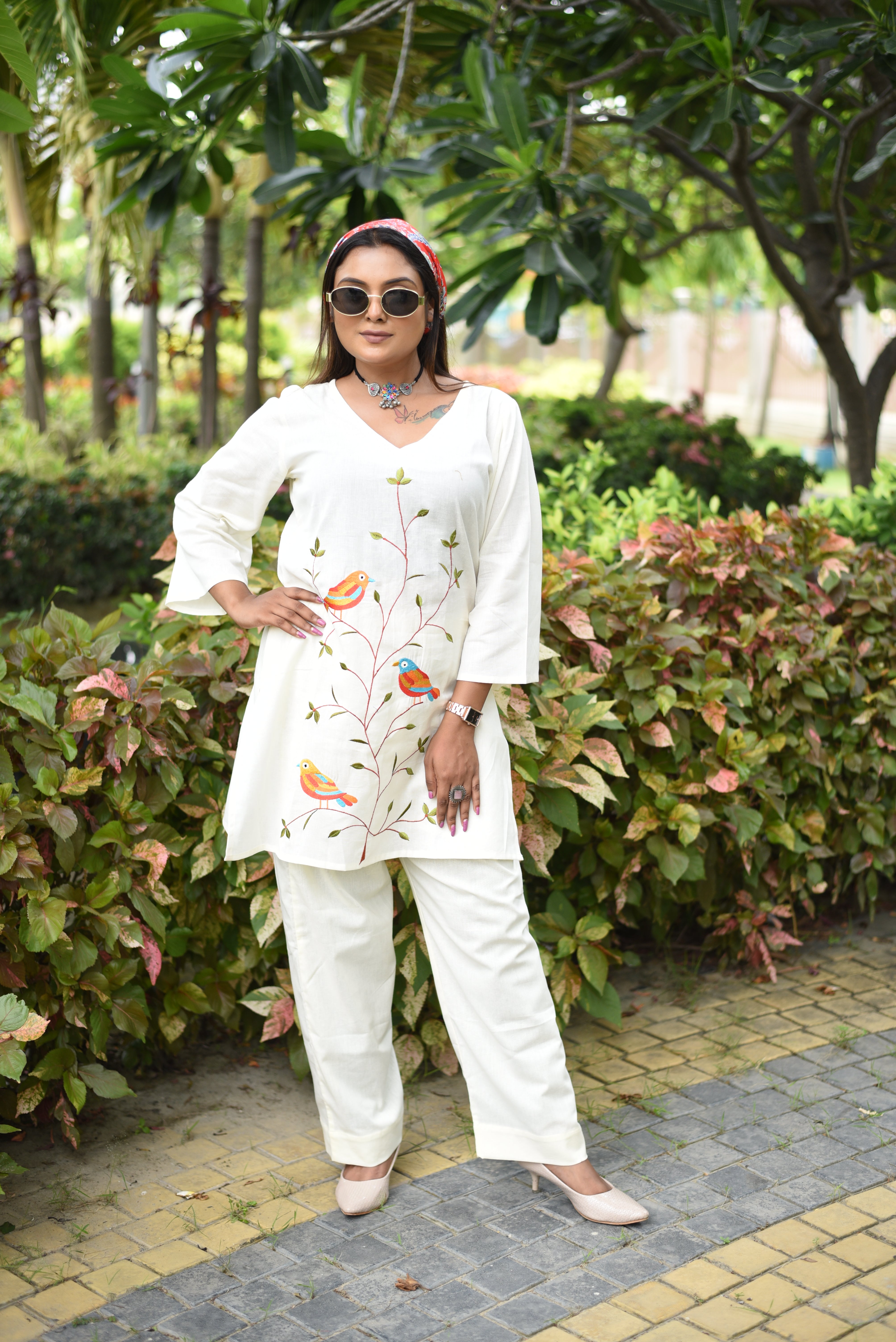 Off White Embroidered Cotton Co-ord Sets