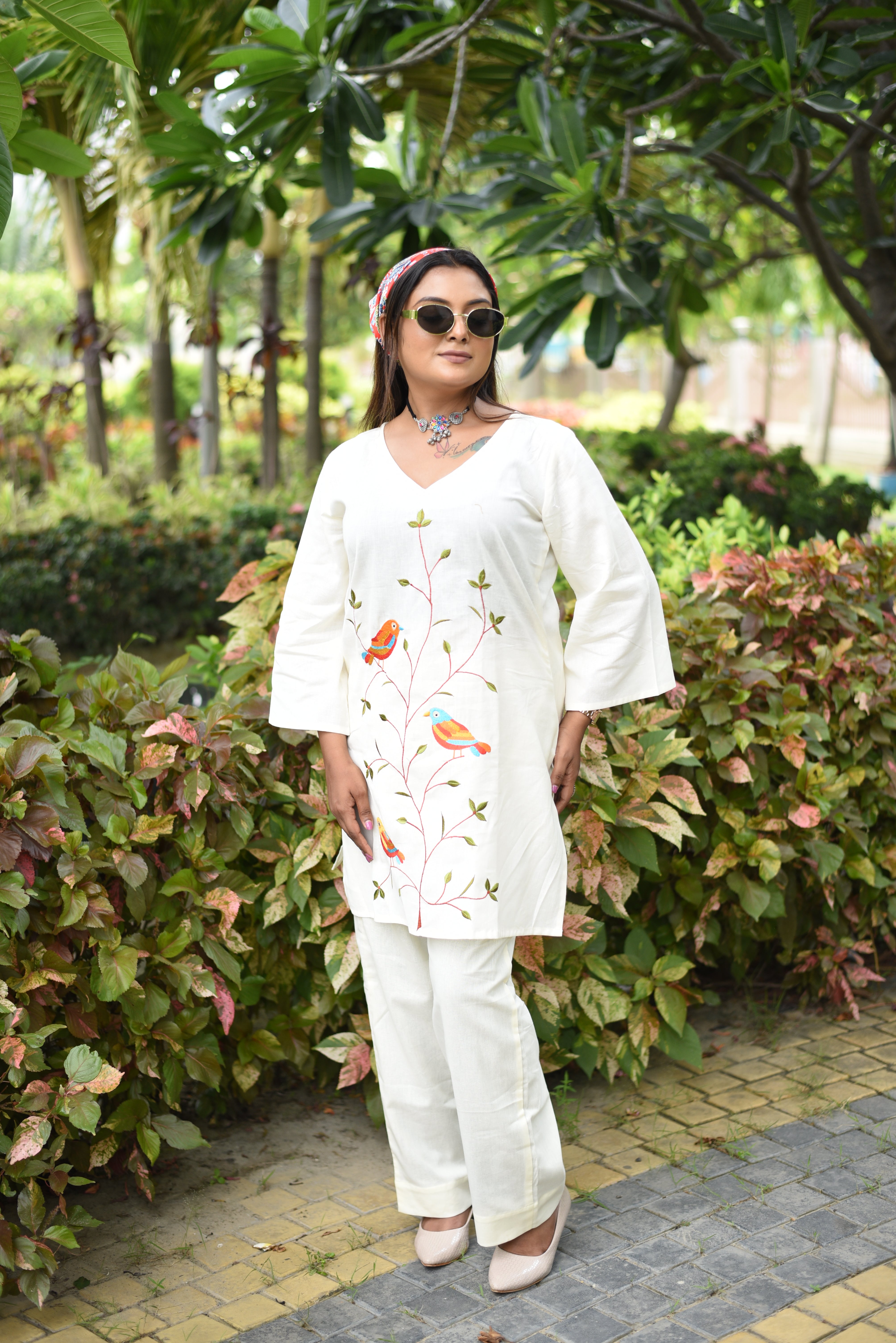 Off White Embroidered Cotton Co-ord Sets