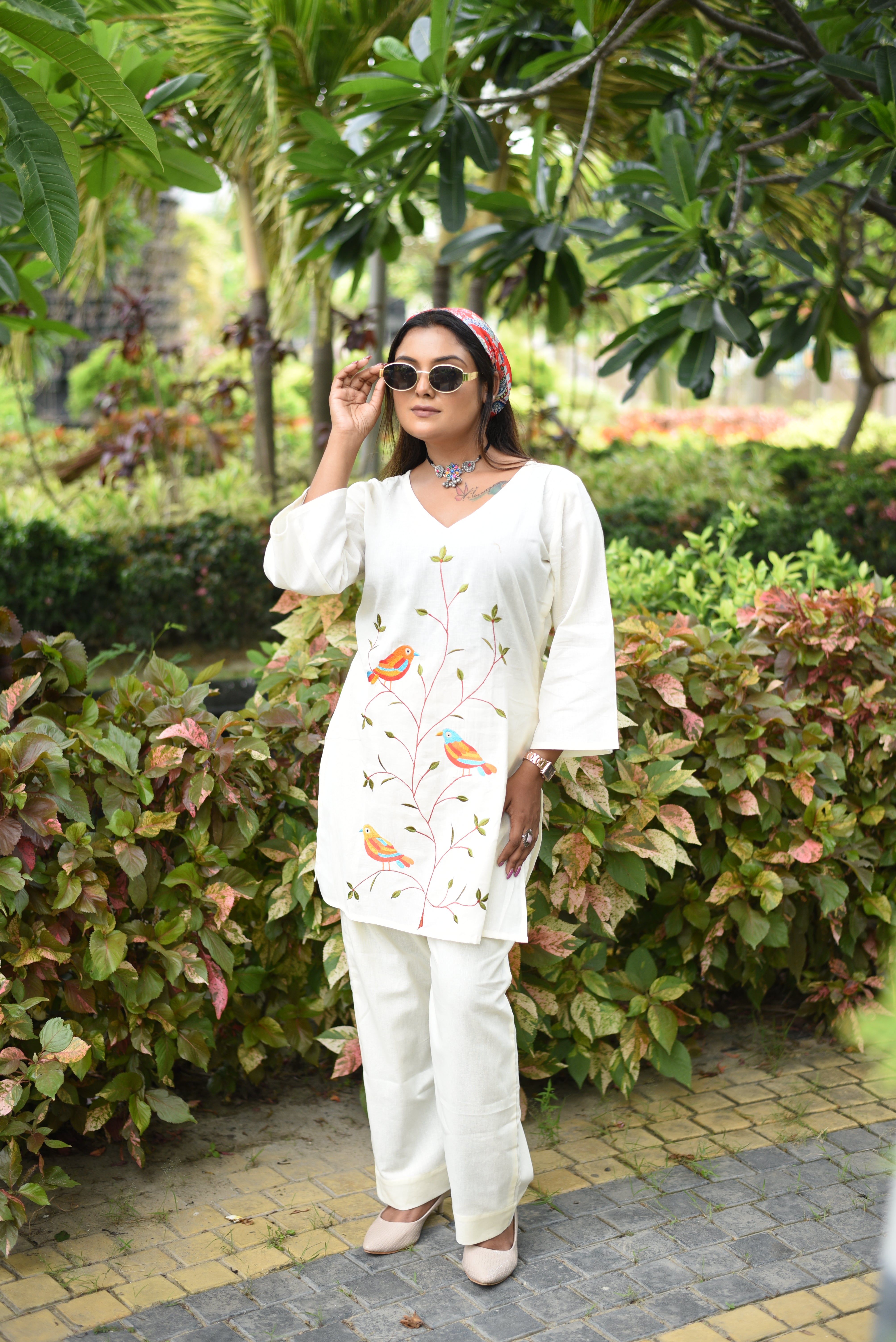 Off White Embroidered Cotton Co-ord Sets