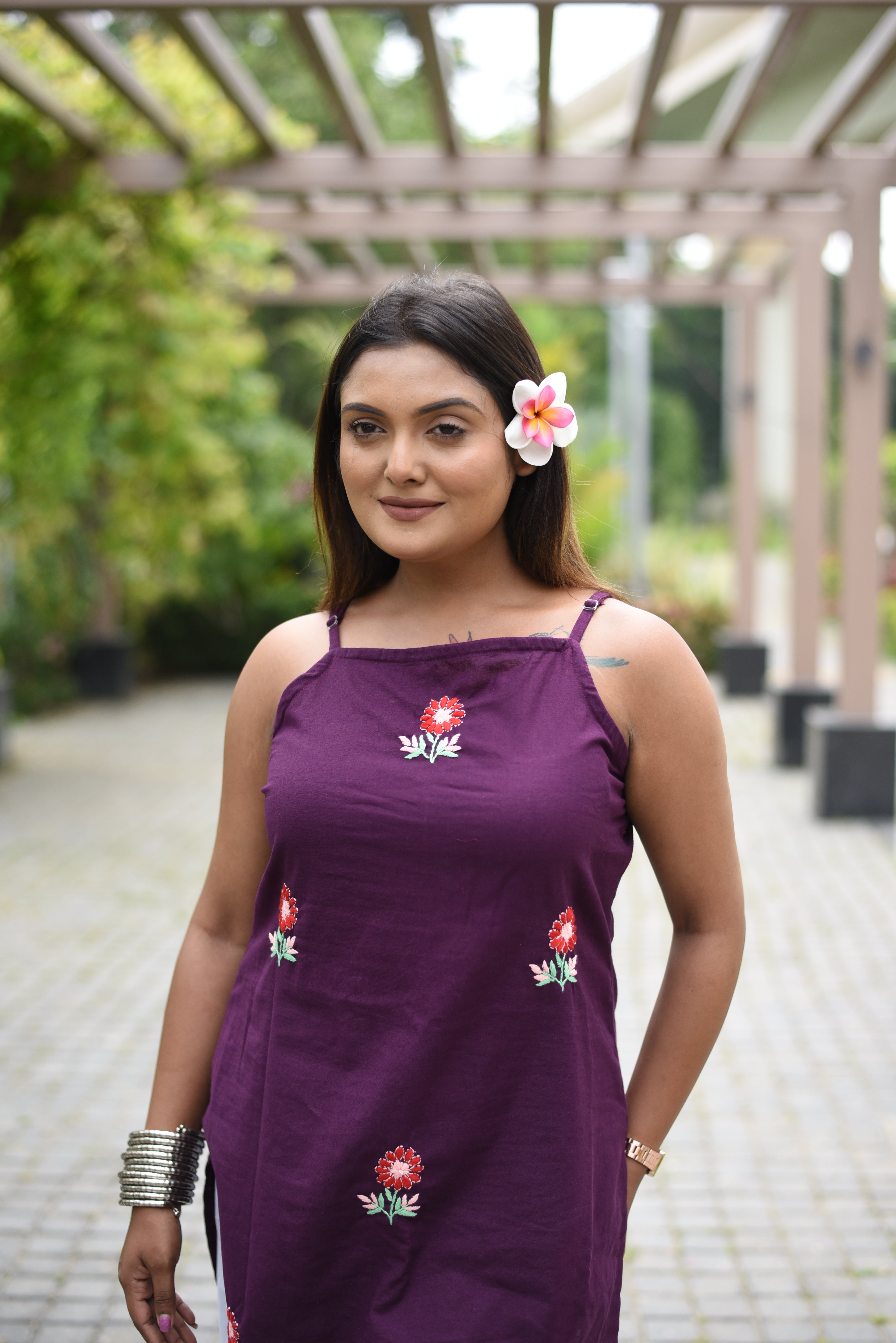 Plum Hand Embroidered Cotton Short Kurti
