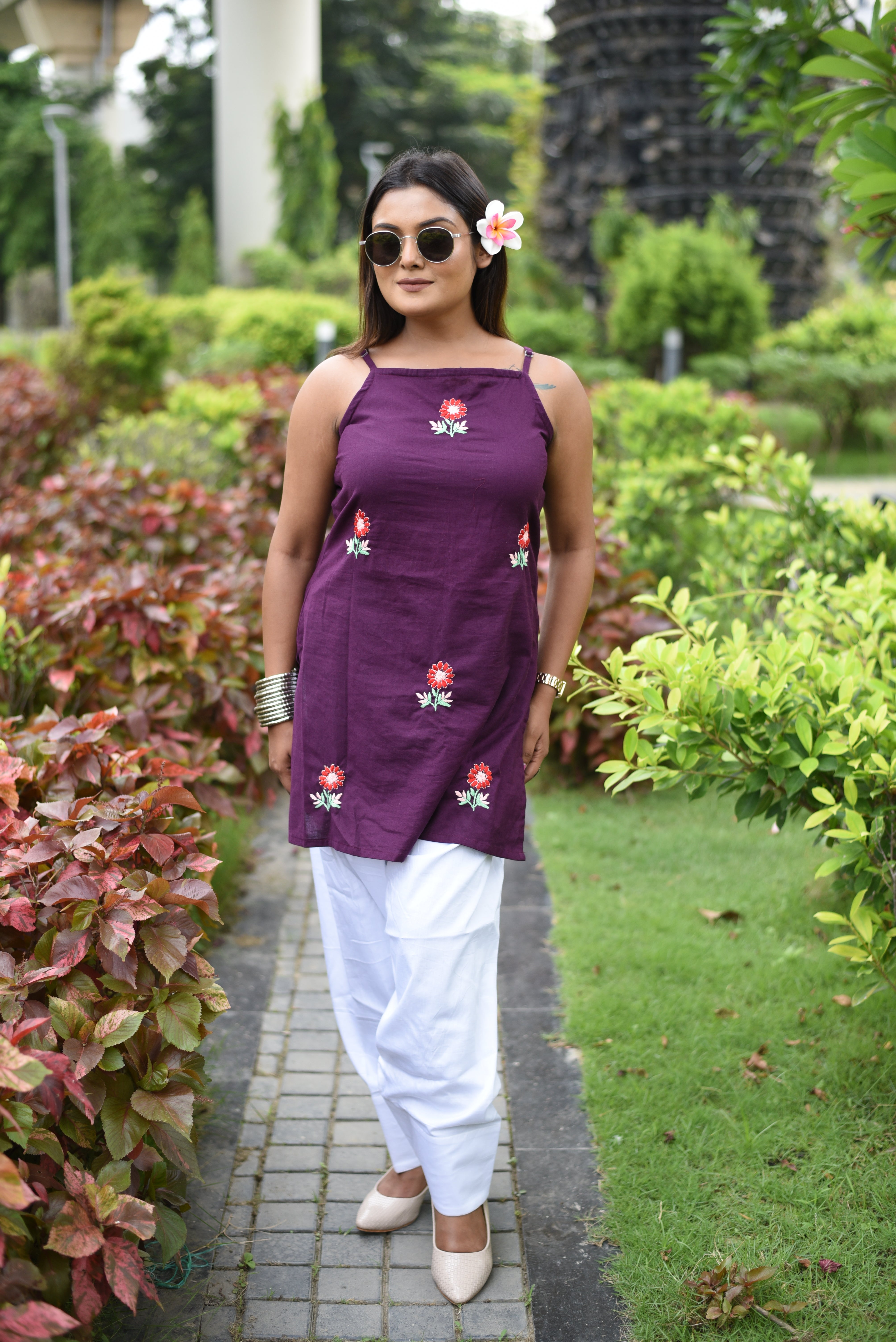 Plum Hand Embroidered Cotton Short Kurti