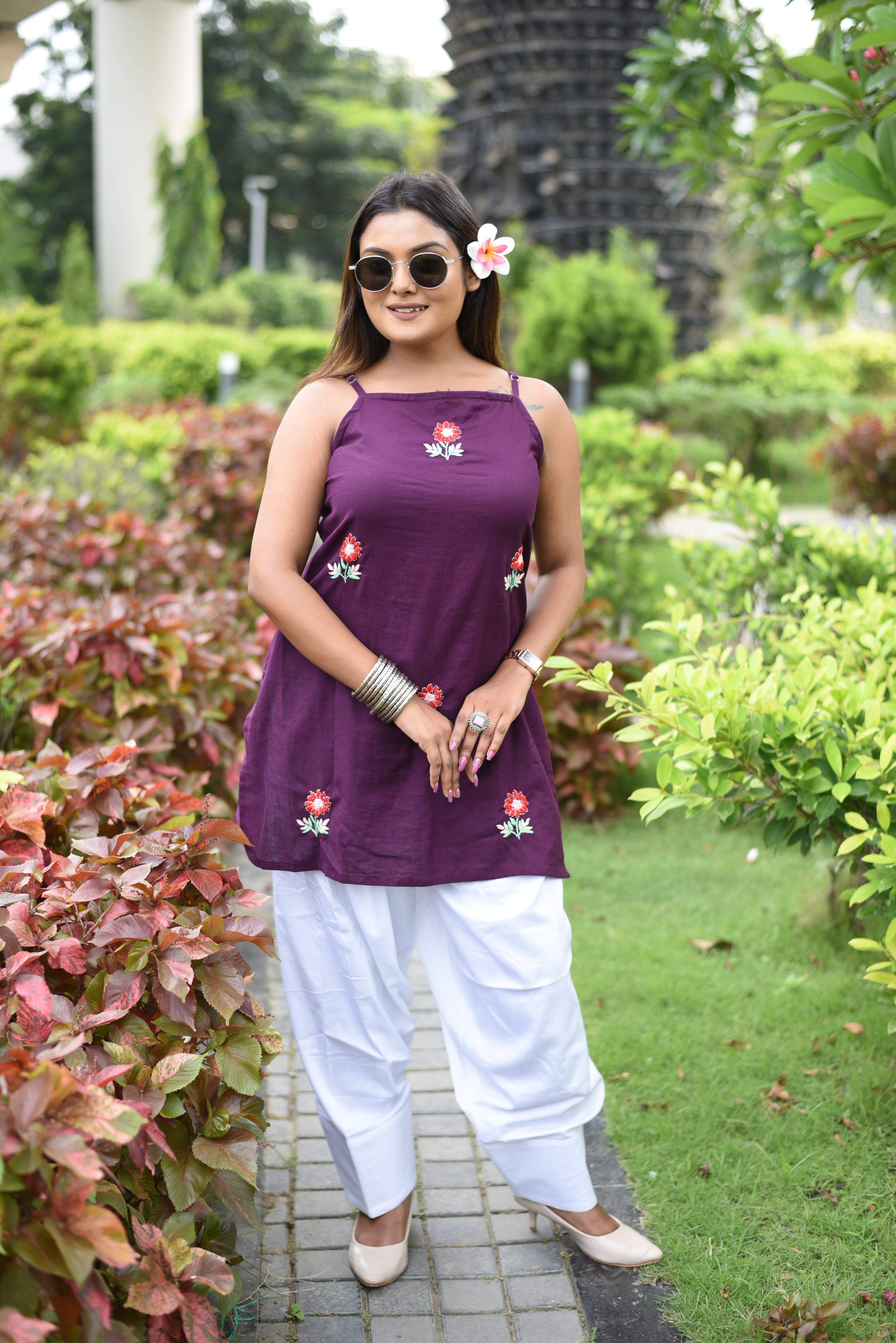 Plum Hand Embroidered Cotton Short Kurti