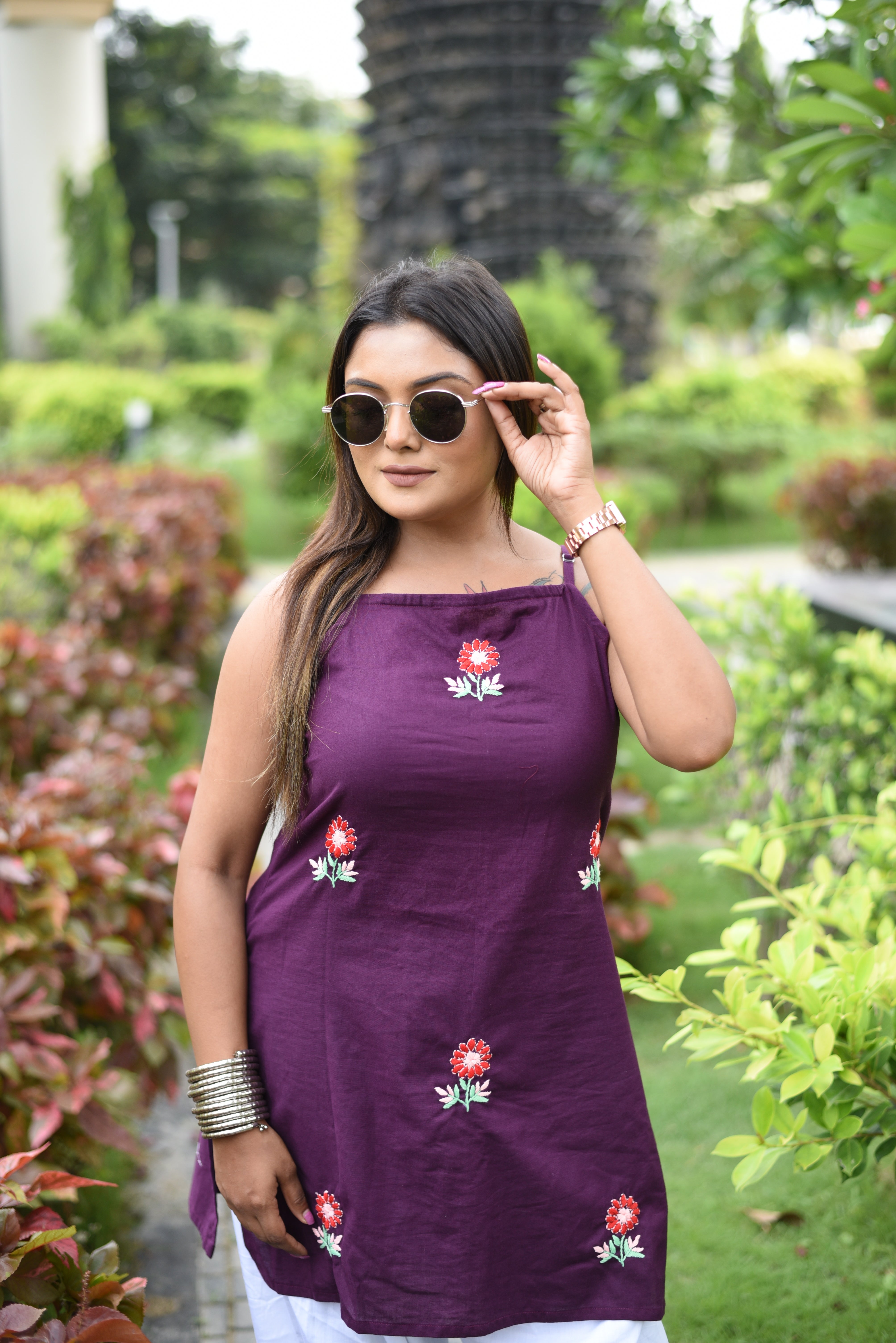 Plum Hand Embroidered Cotton Short Kurti