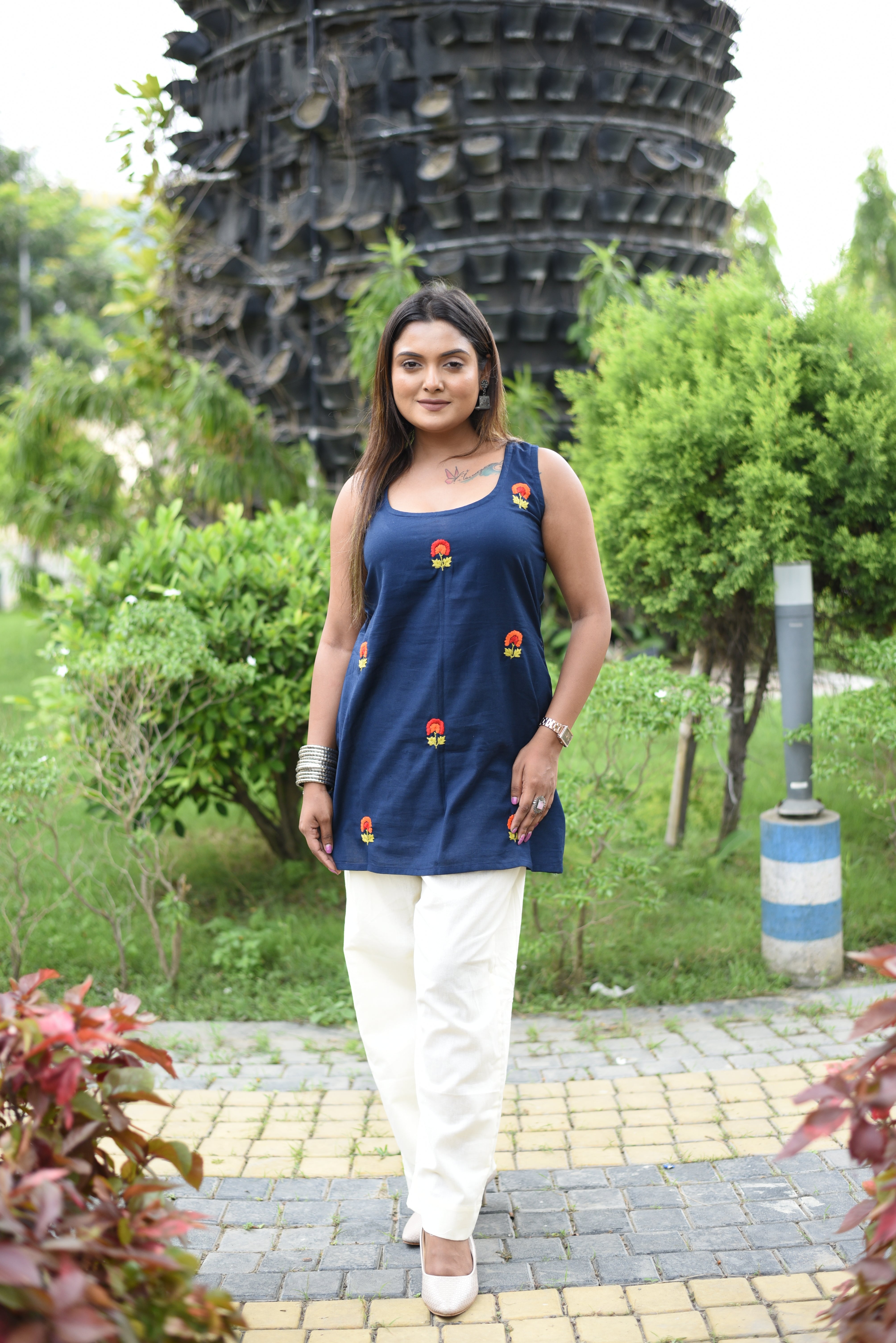 Mid Night Blue Cotton Hand Embroidered Short Kurti