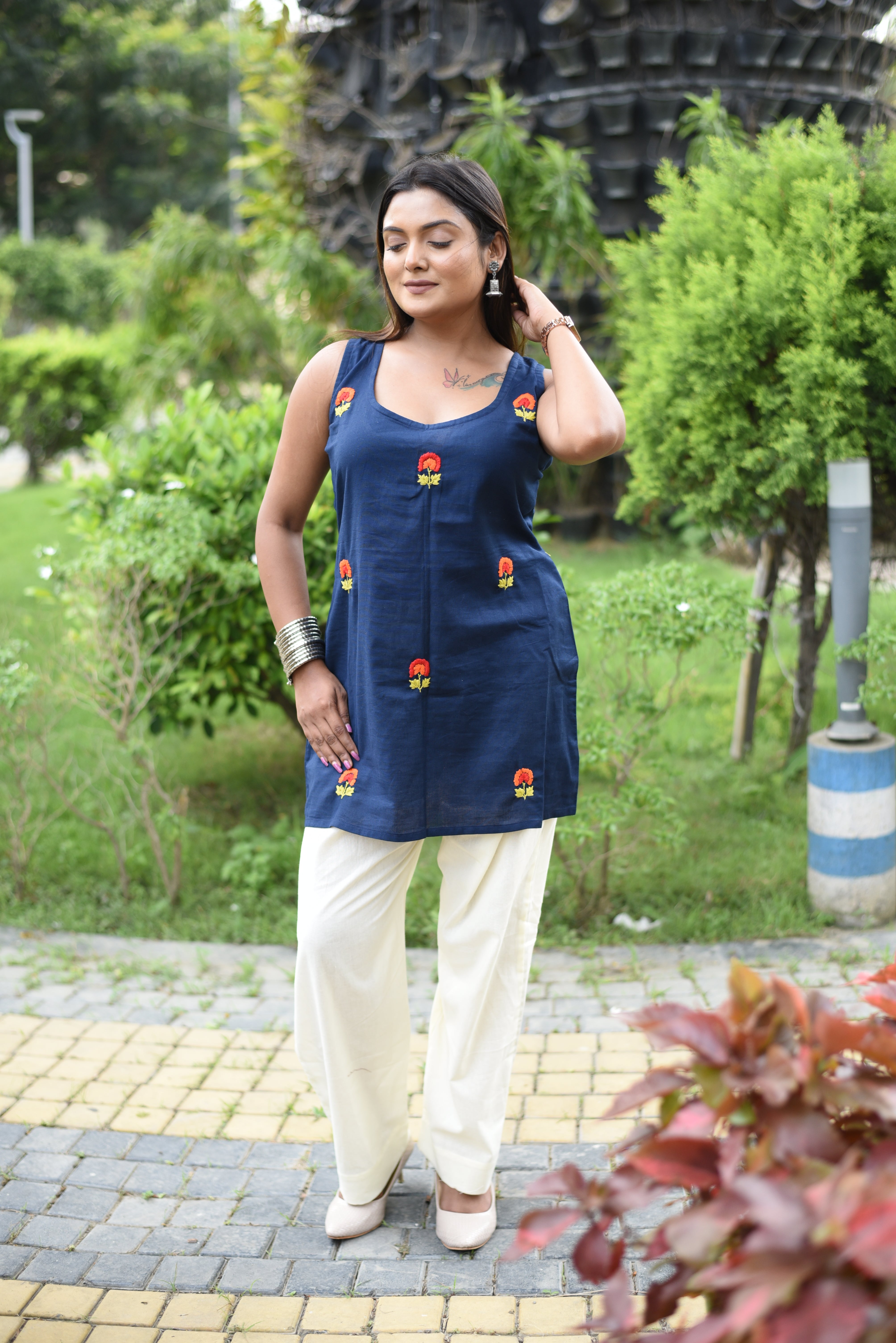 Mid Night Blue Cotton Hand Embroidered Co-ord Sets