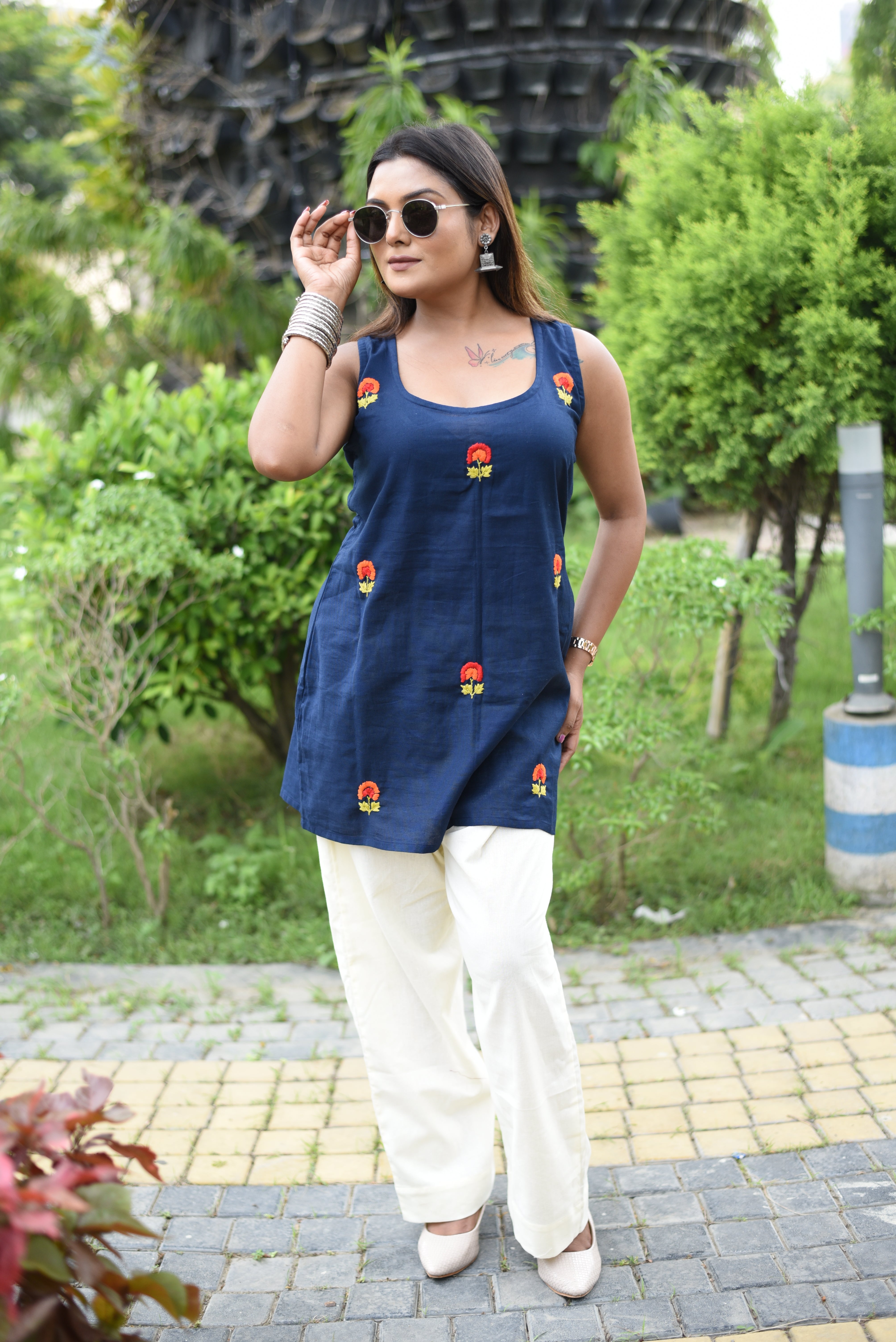 Mid Night Blue Cotton Hand Embroidered Co-ord Sets