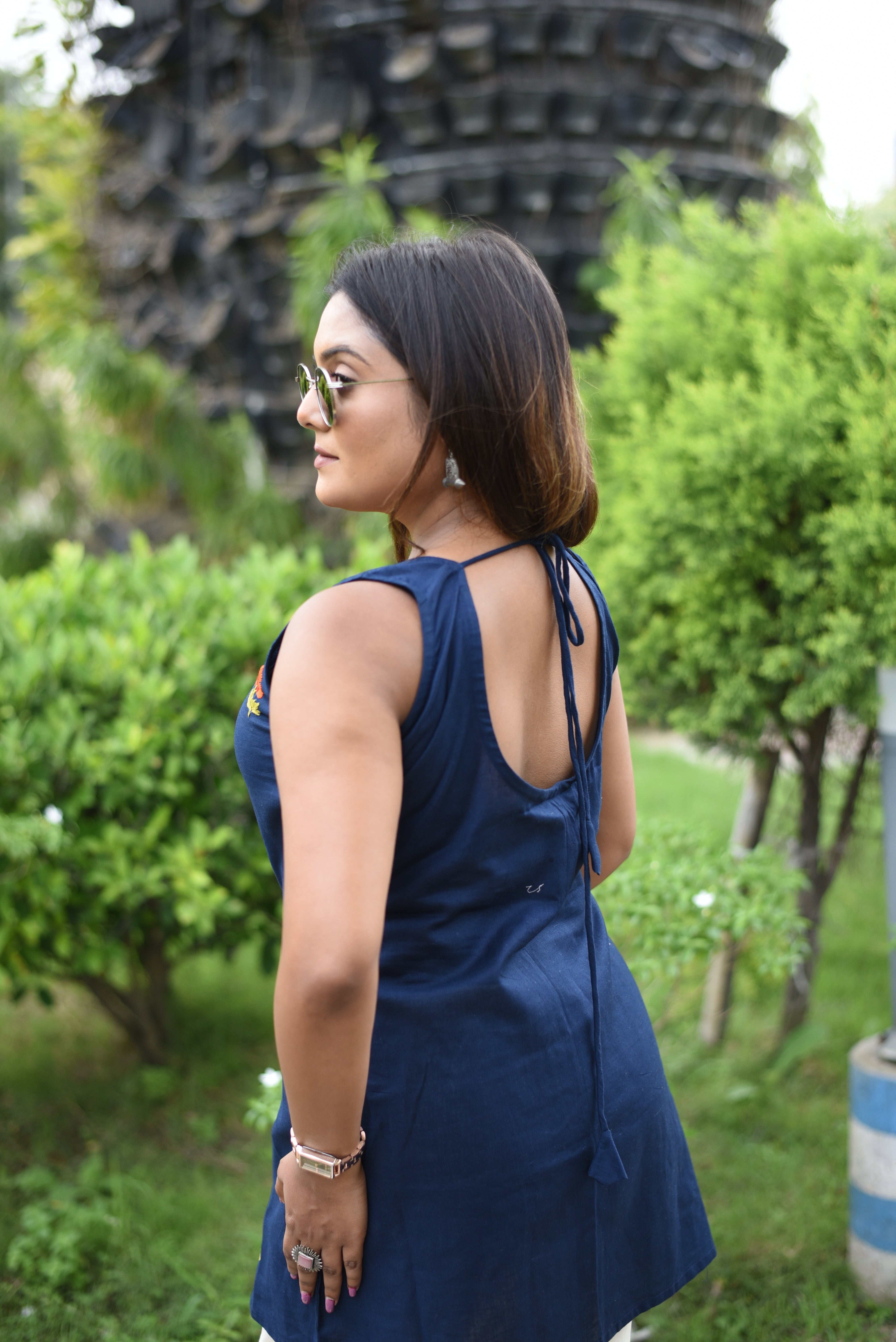 Mid Night Blue Cotton Hand Embroidered Short Kurti