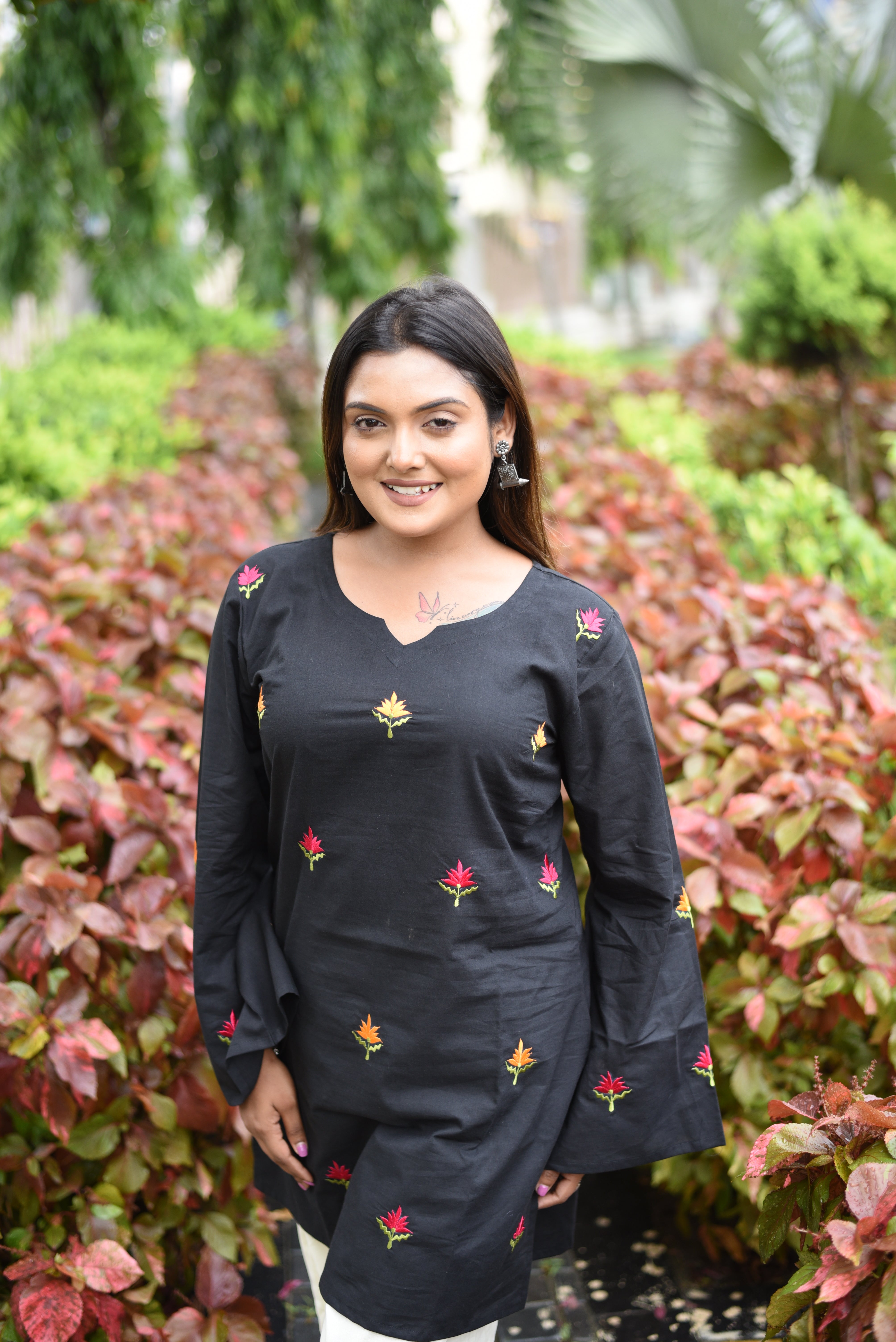 Black Cotton Floral Embroidered Short Kurti