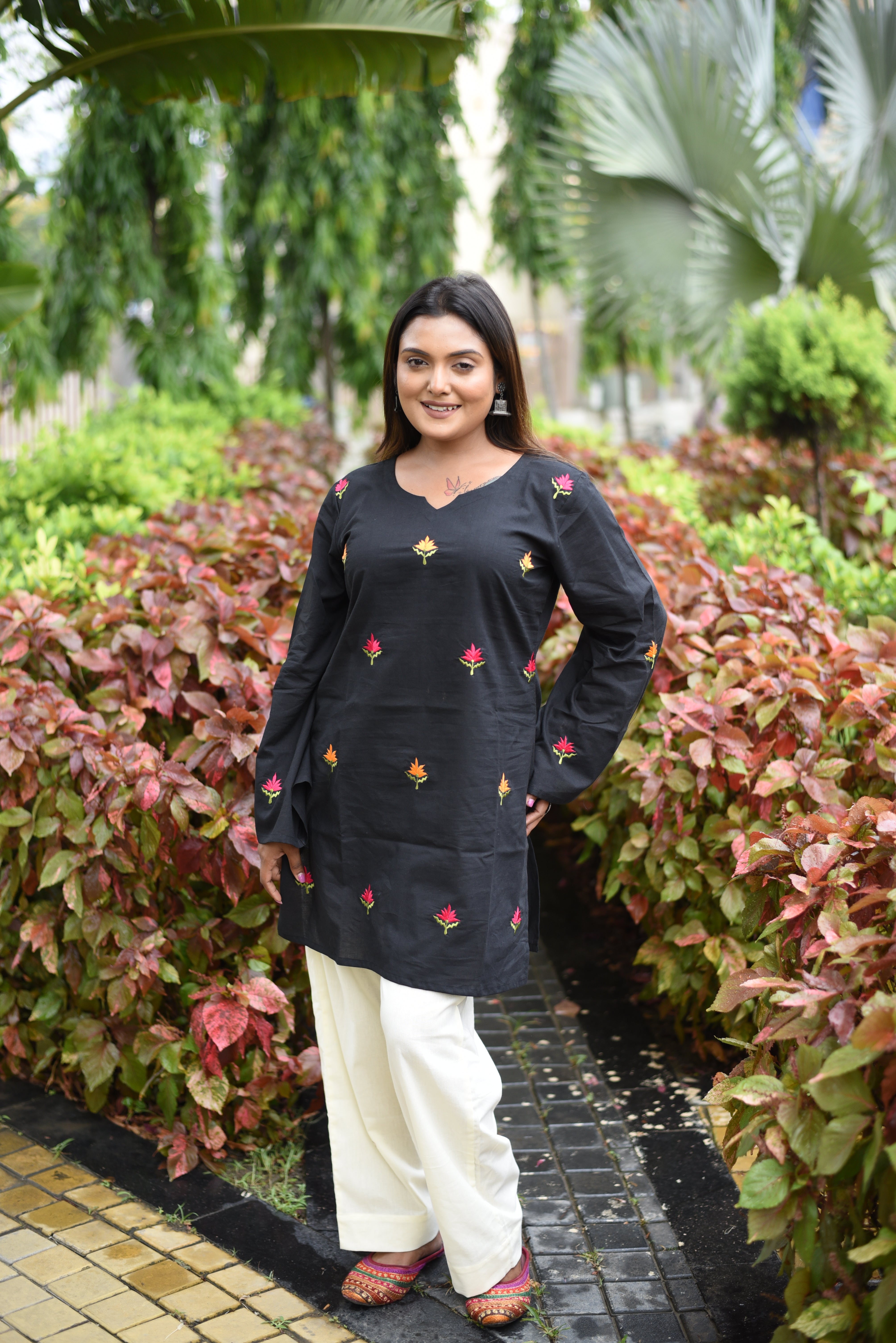 Black Cotton Floral Embroidered Short Kurti