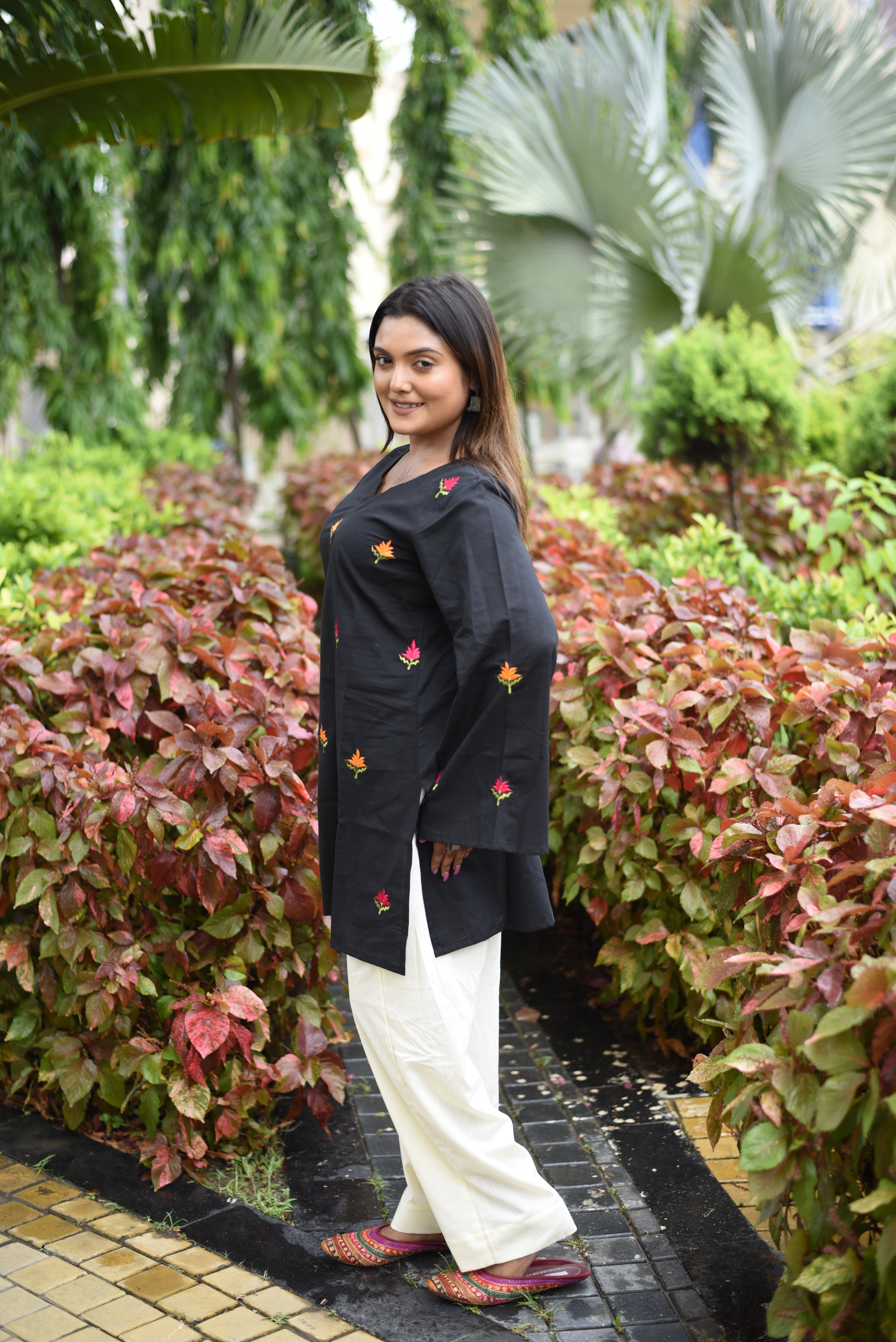 Black Cotton Floral Embroidered Short Kurti