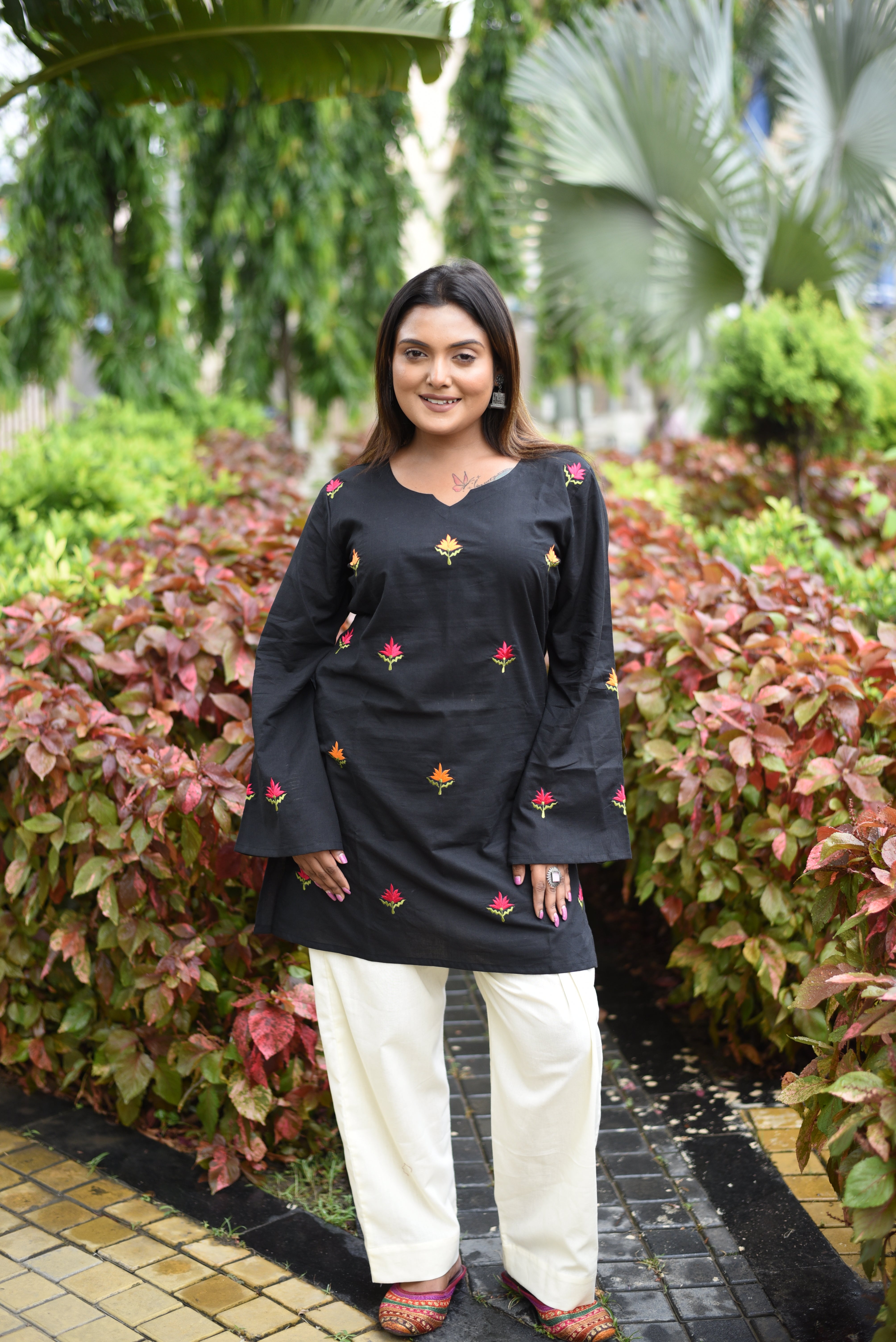 Black Floral Embroidered Cotton Co-ord Sets