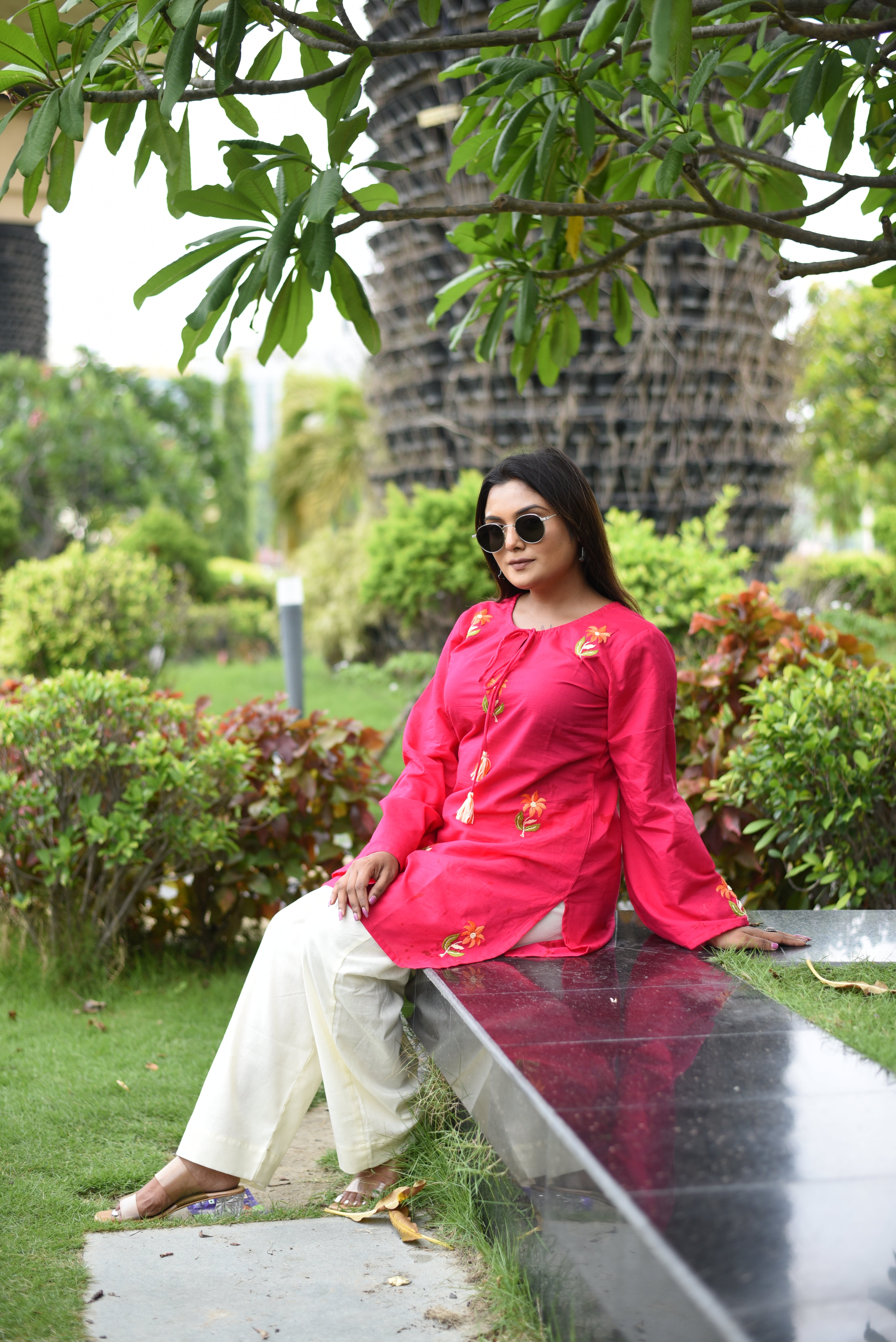 Pink Cotton Hand Embroidered Short Kurti
