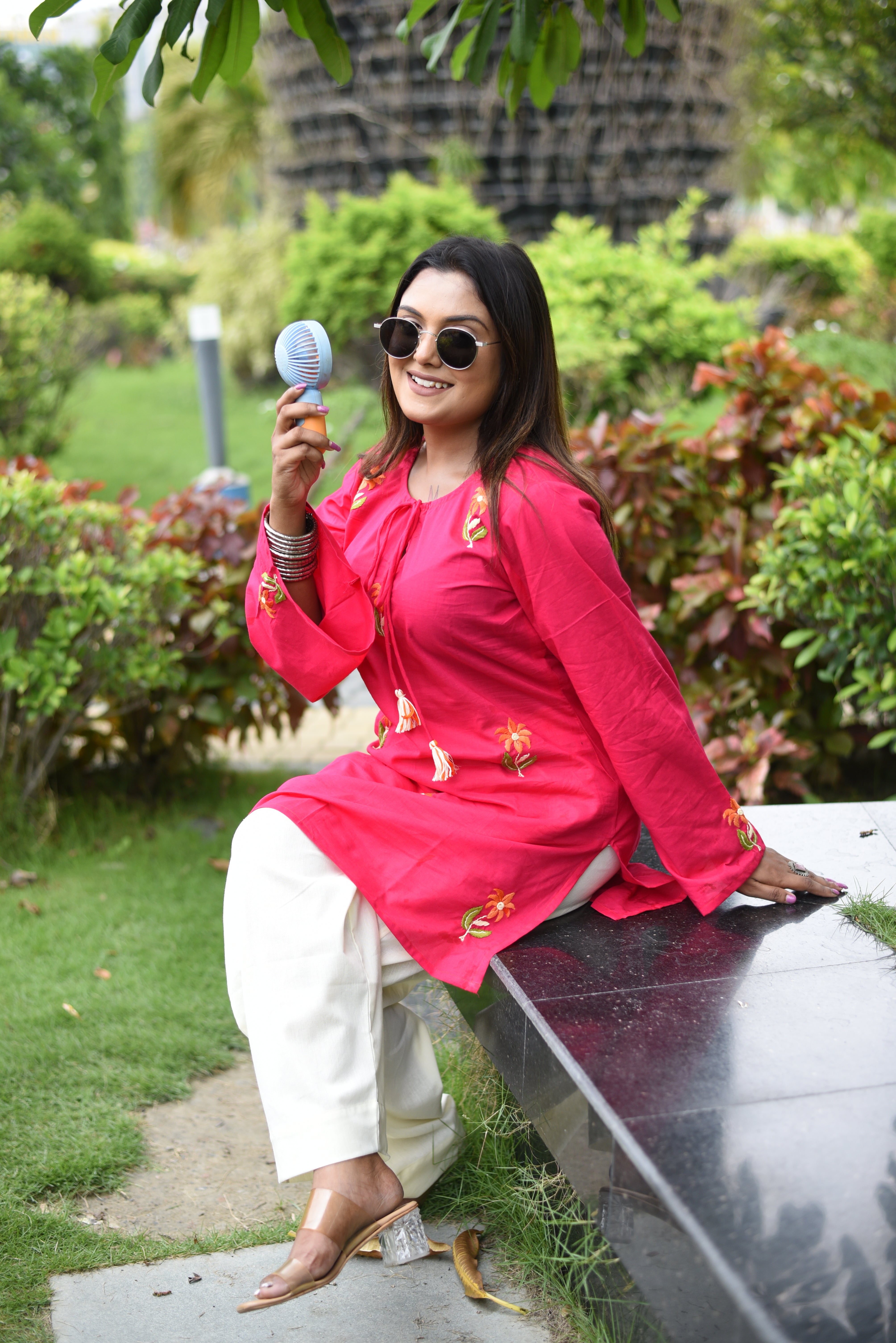 Pink Cotton Hand Embroidered Short Kurti