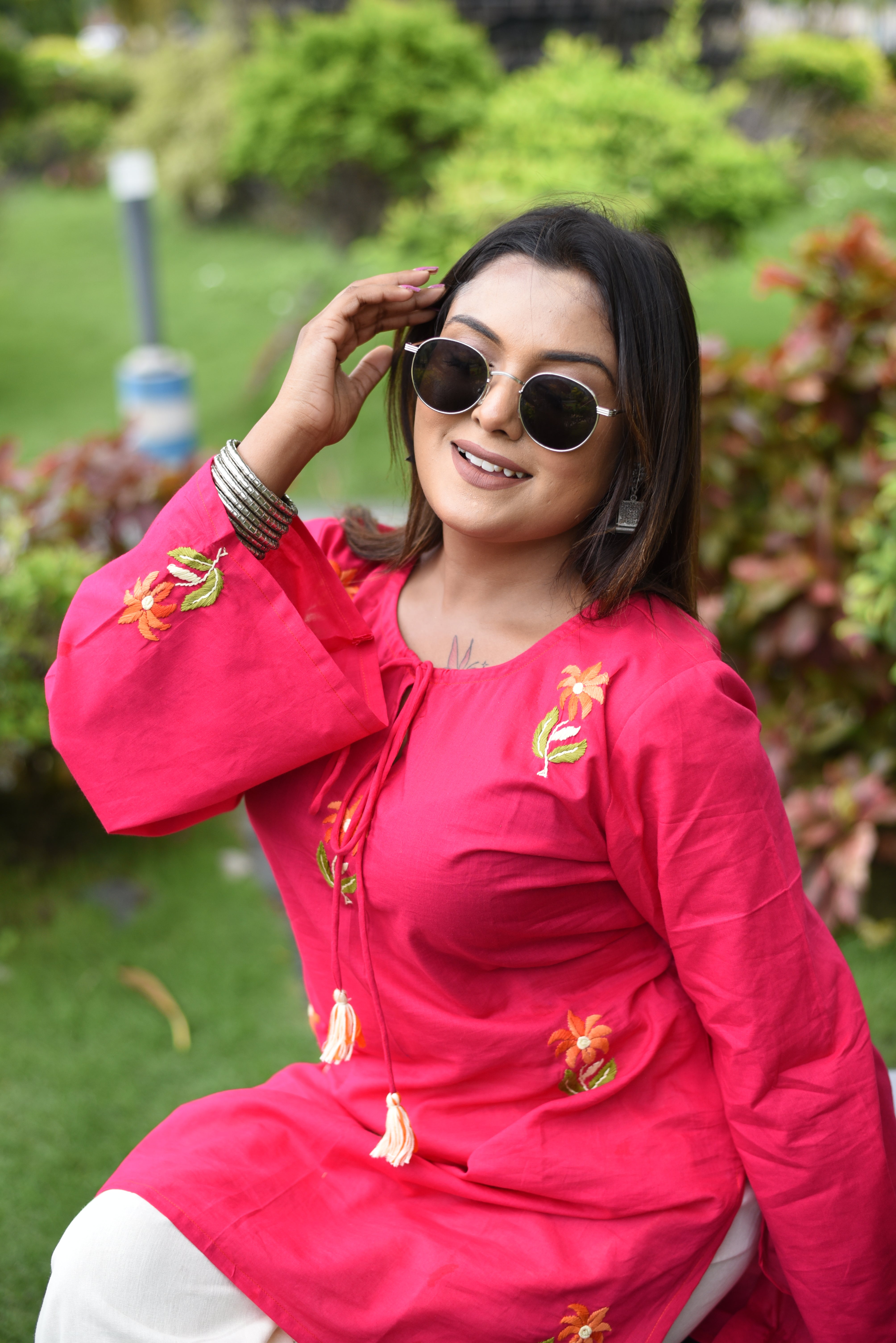 Pink Cotton Hand Embroidered Short Kurti