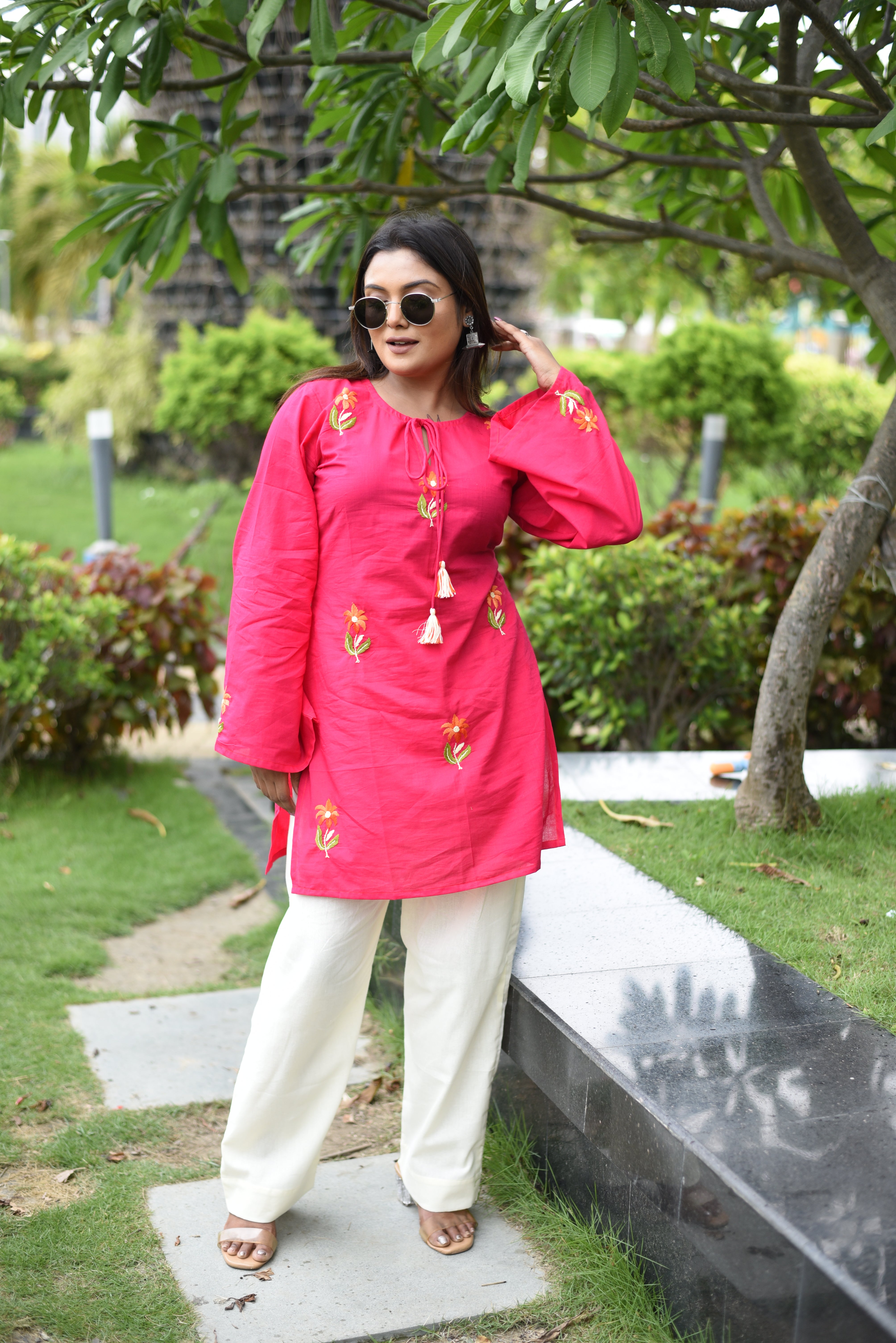 Pink Cotton Hand Embroidered Short Kurti