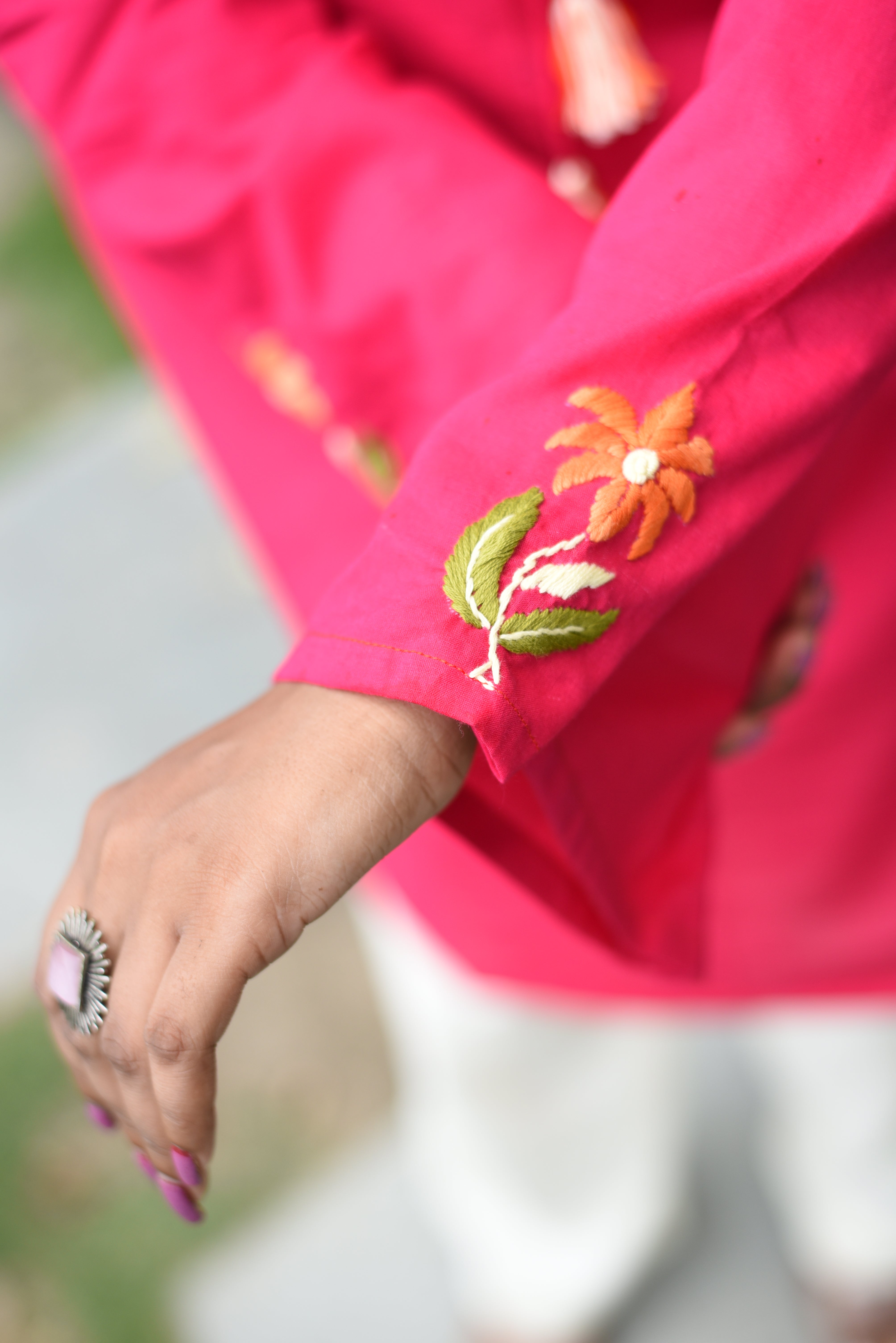Pink Cotton Hand Embroidered Short Kurti