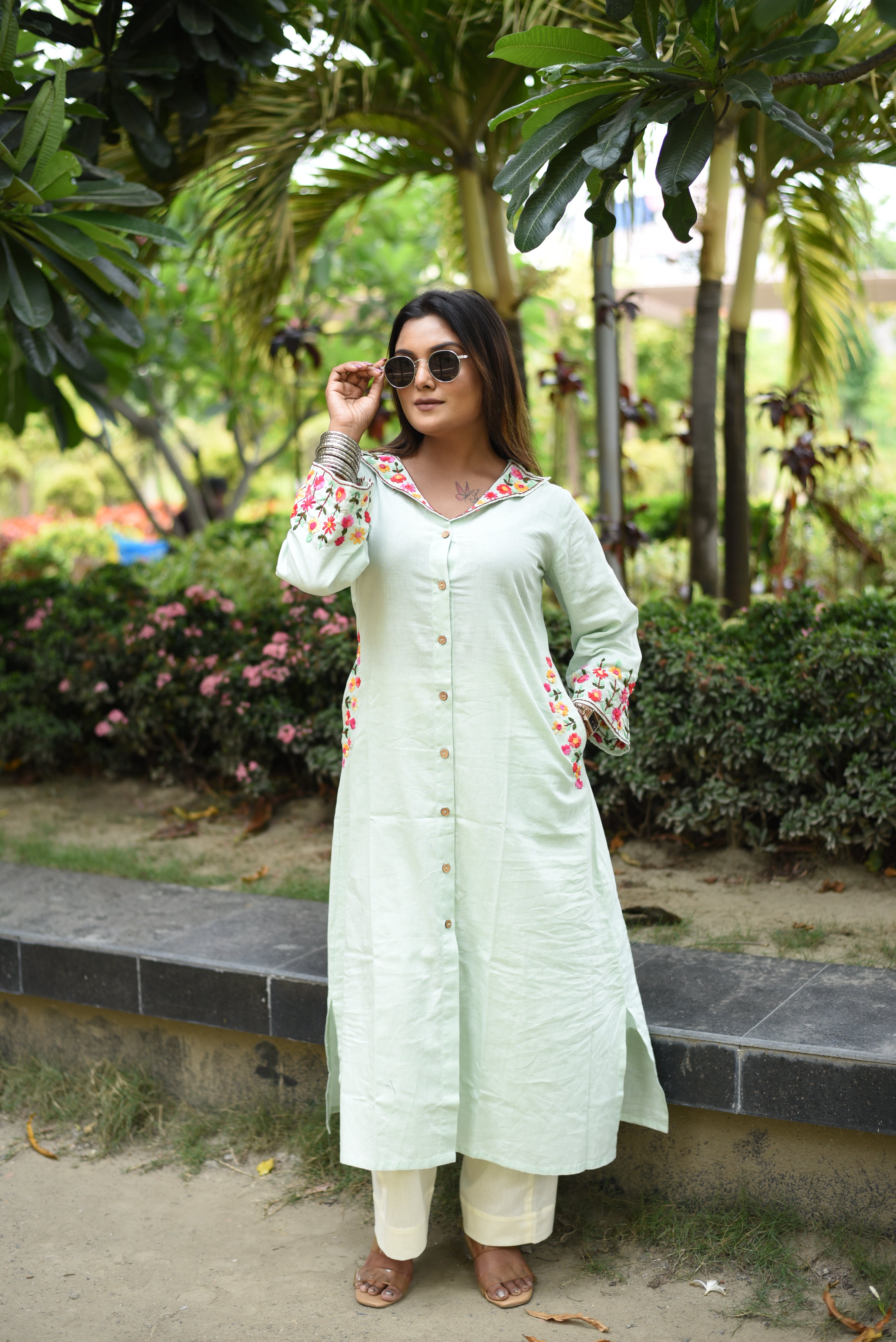 Pastel Mint Cotton Hand Embroidered Kurta
