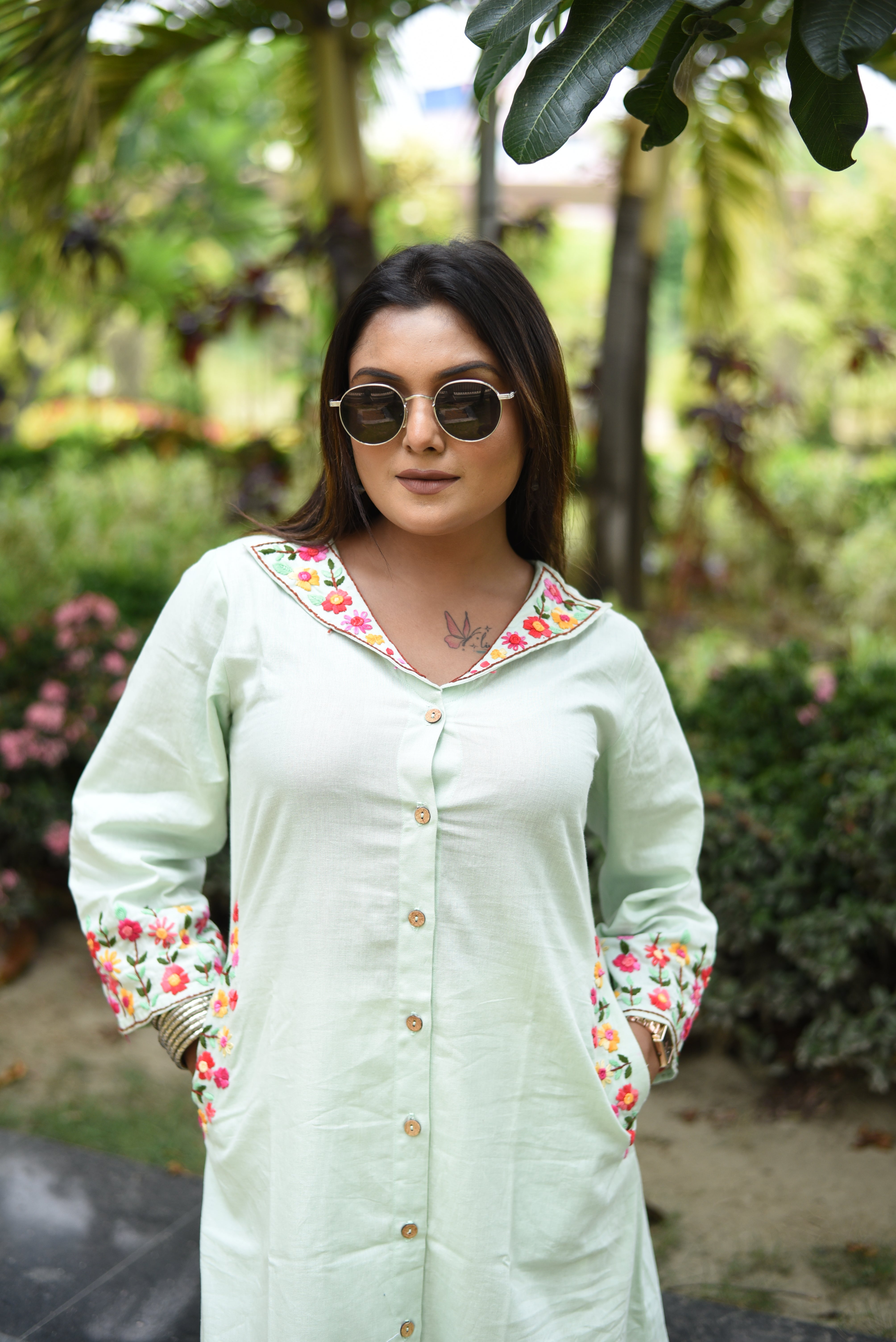 Pastel Mint Cotton Hand Embroidered Kurta