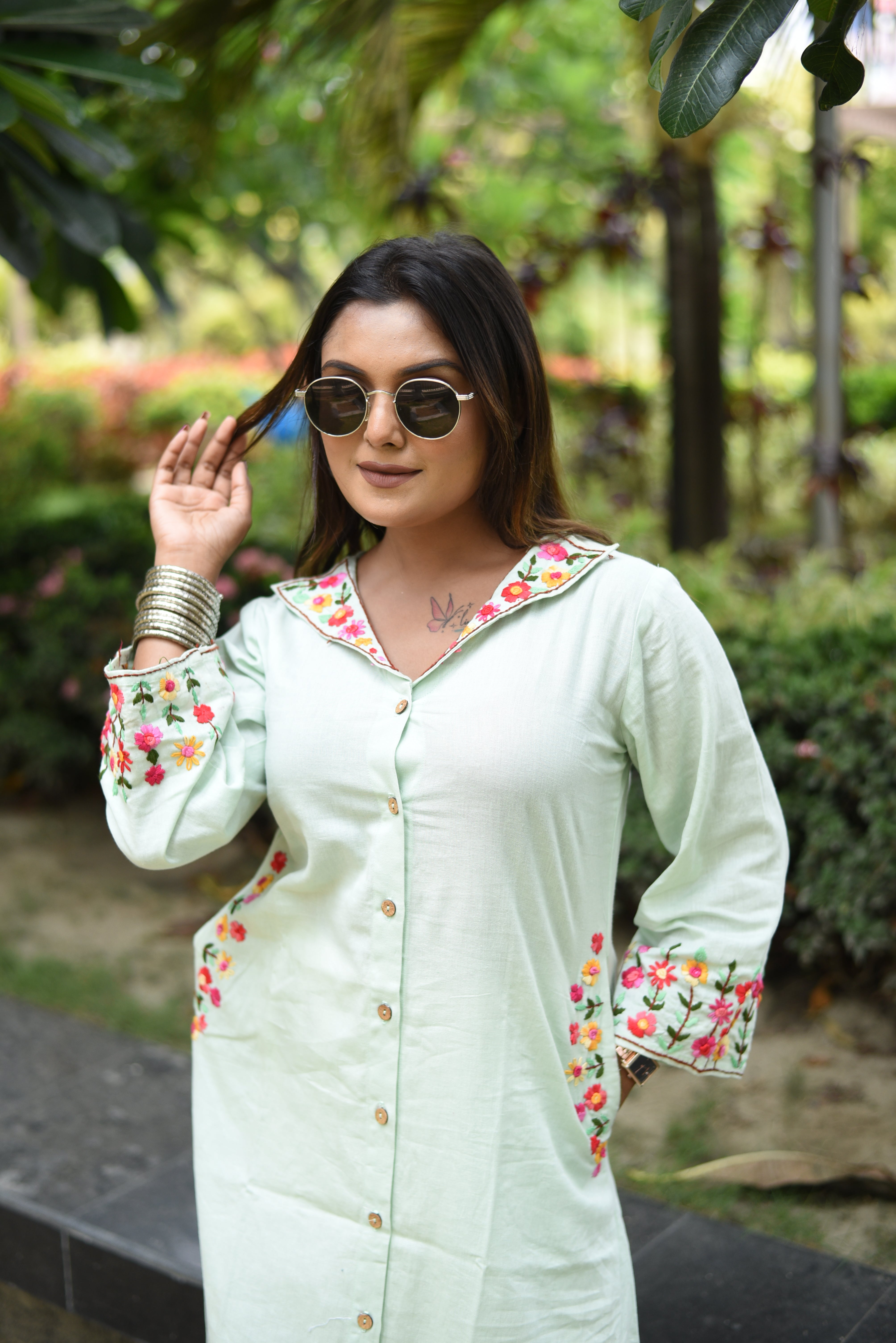 Pastel Mint Cotton Hand Embroidered Kurta