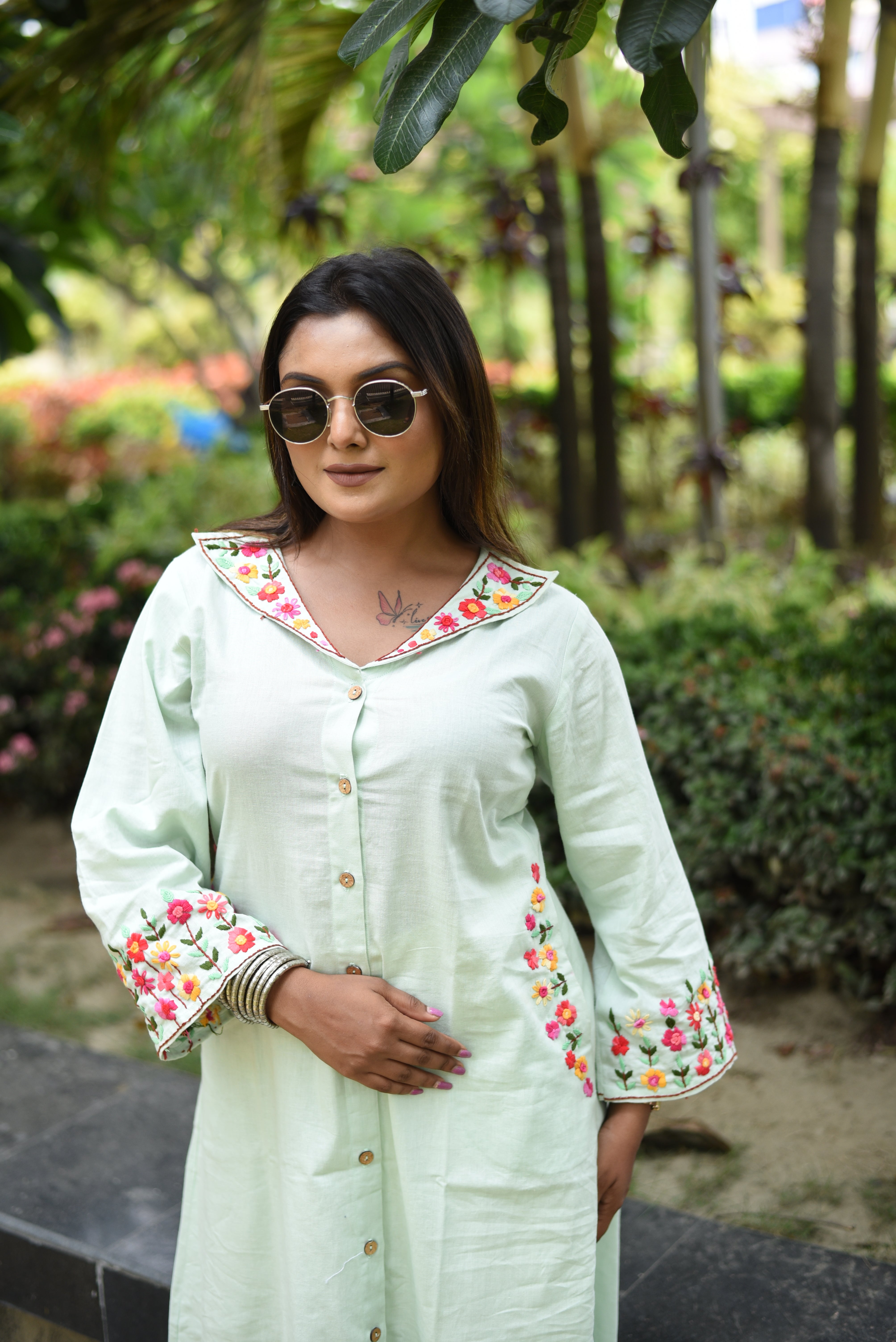 Pastel Mint Cotton Hand Embroidered Kurta