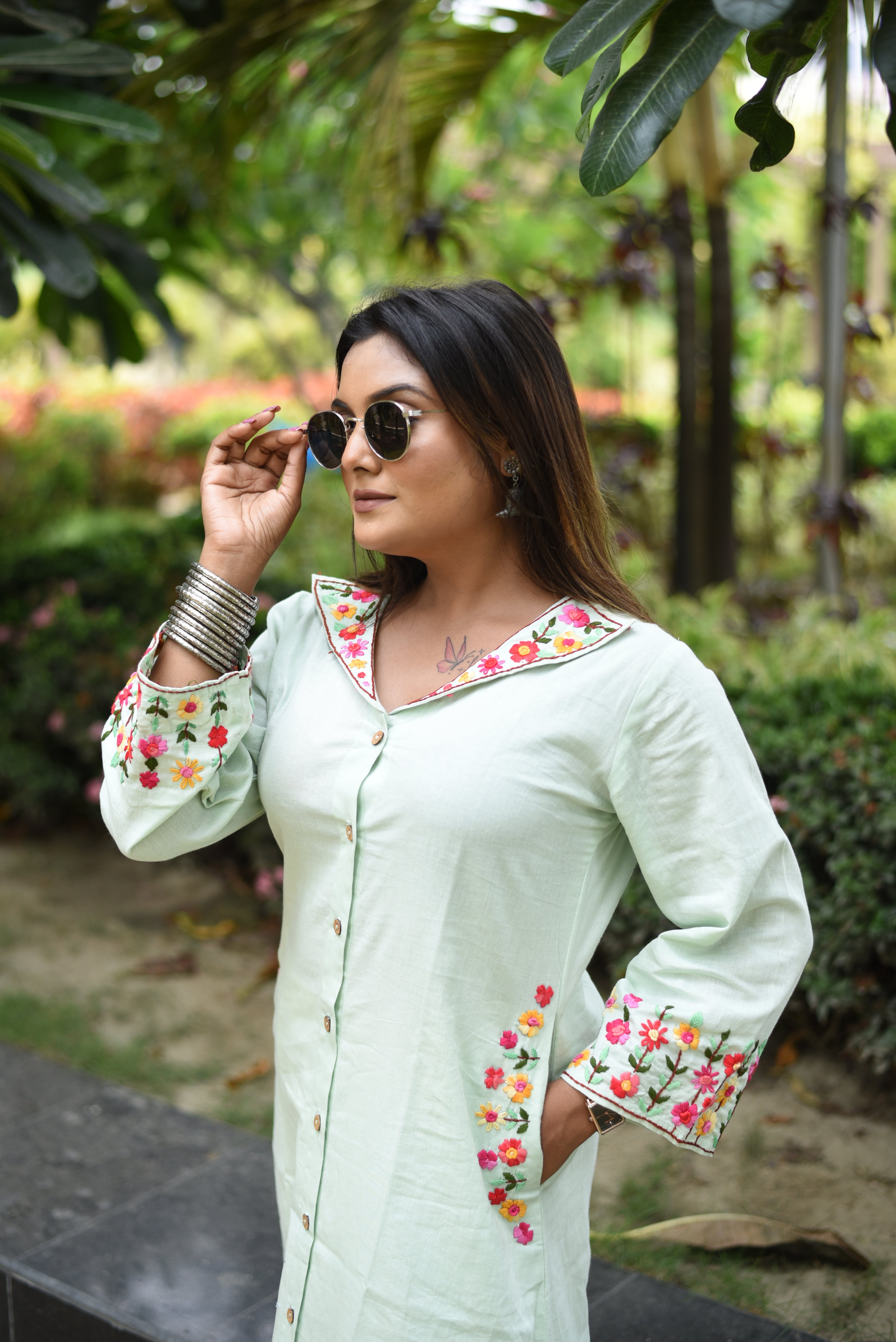 Pastel Mint Cotton Hand Embroidered Kurta