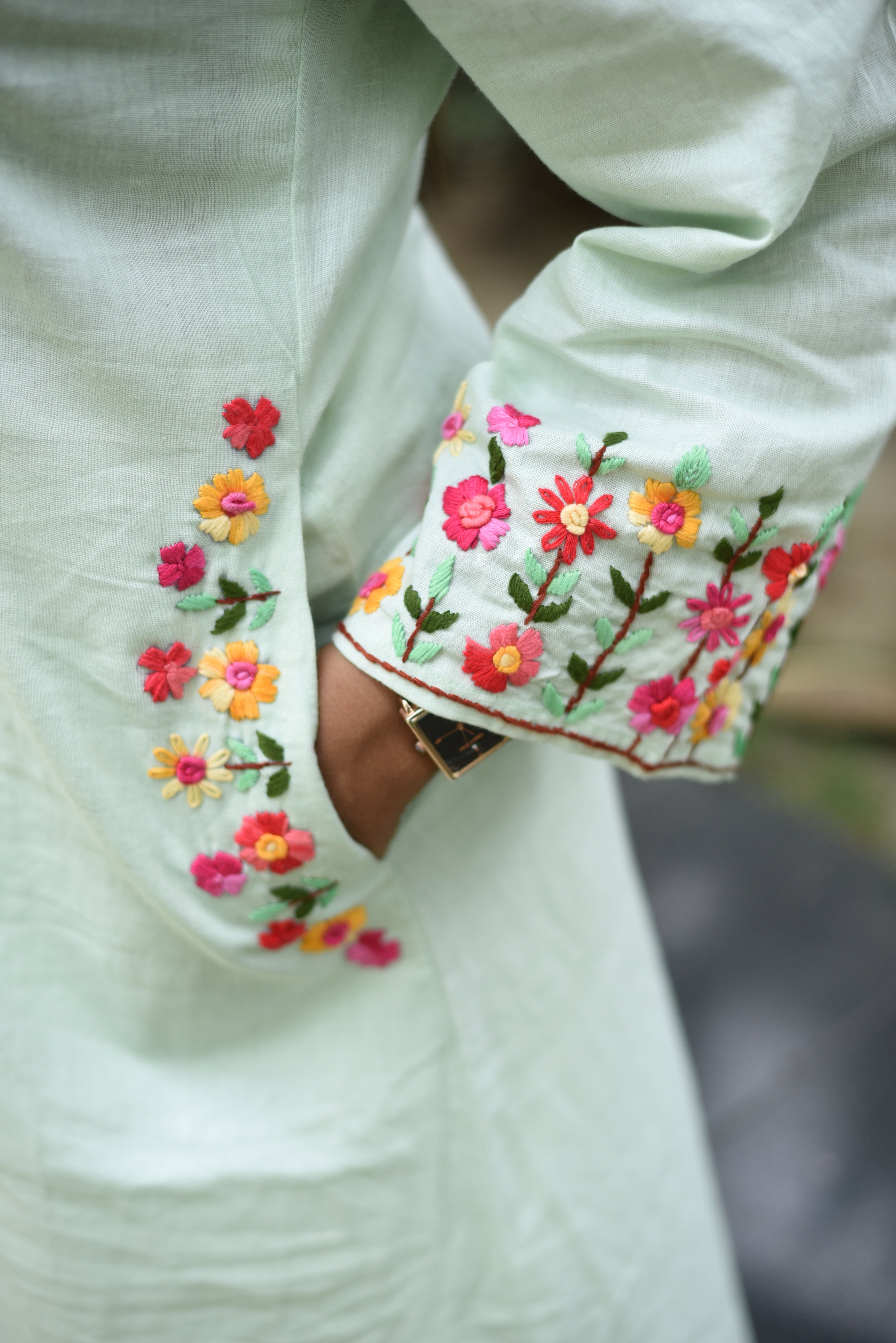 Pastel Mint Cotton Hand Embroidered Kurta