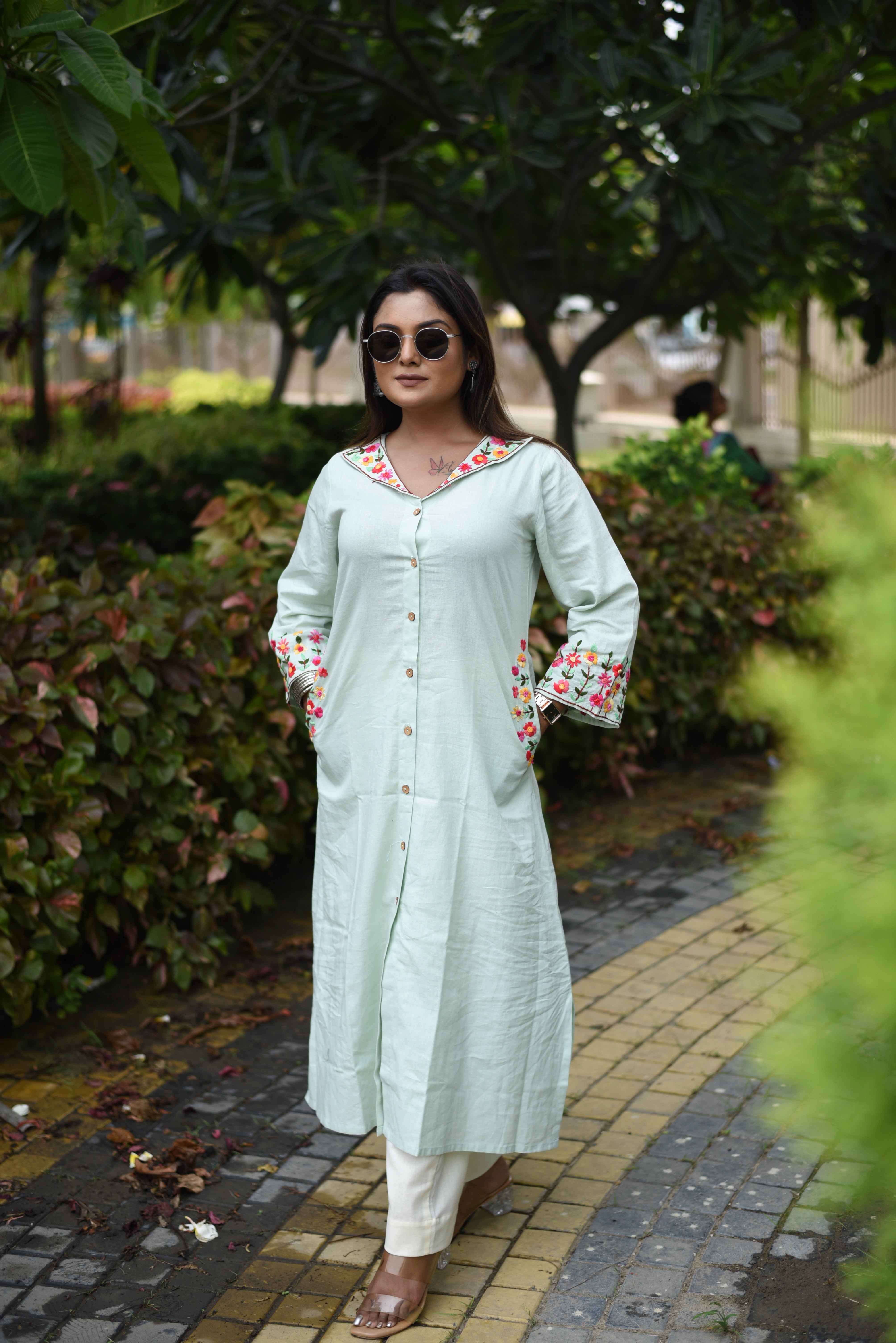 Pastel Mint Cotton Hand Embroidered Kurta
