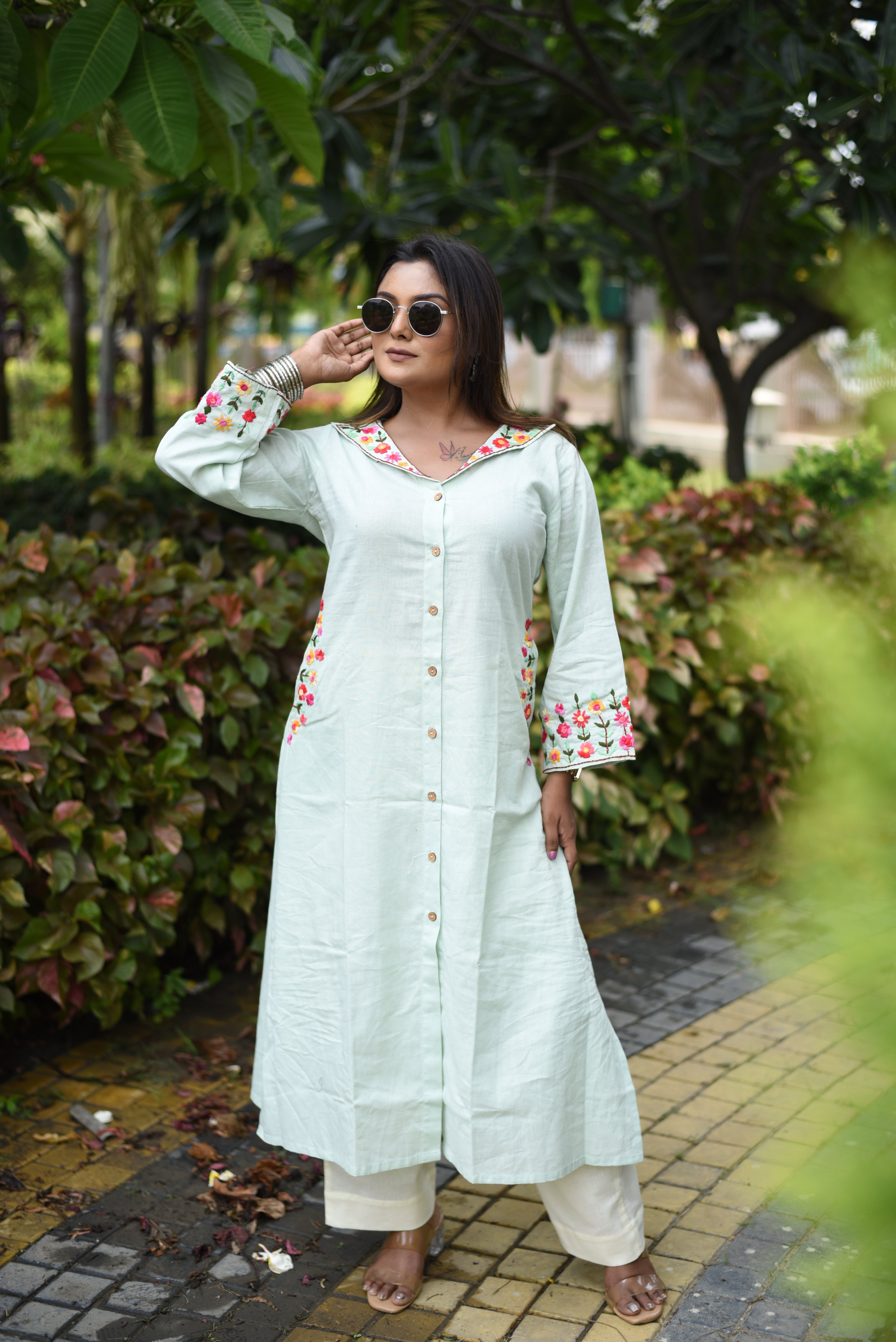 Pastel Mint Cotton Hand Embroidered Kurta
