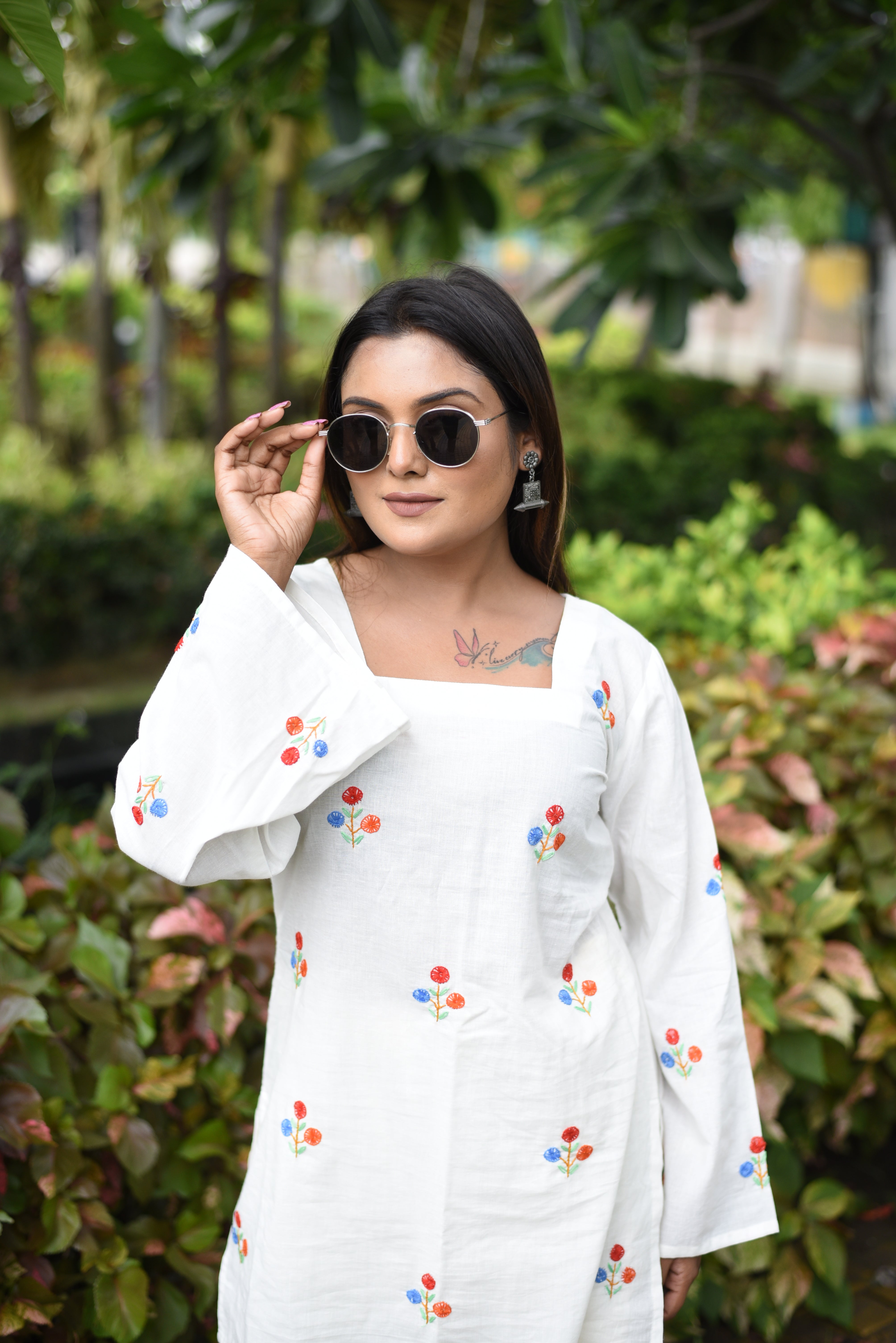 Hand Embroidered Cotton Off White Co-Ord Sets