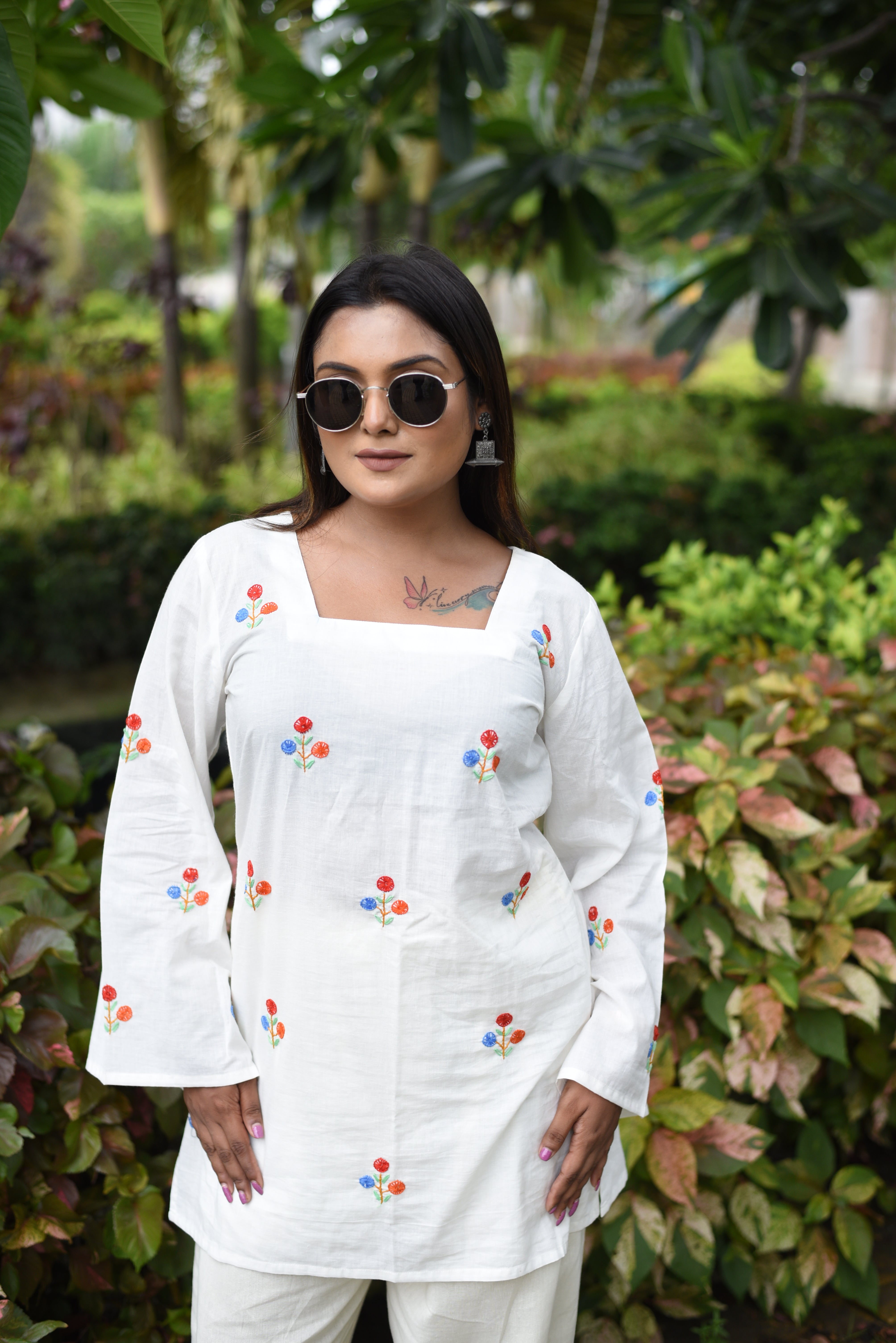 Hand Embroidered Cotton Off White Co-Ord Sets