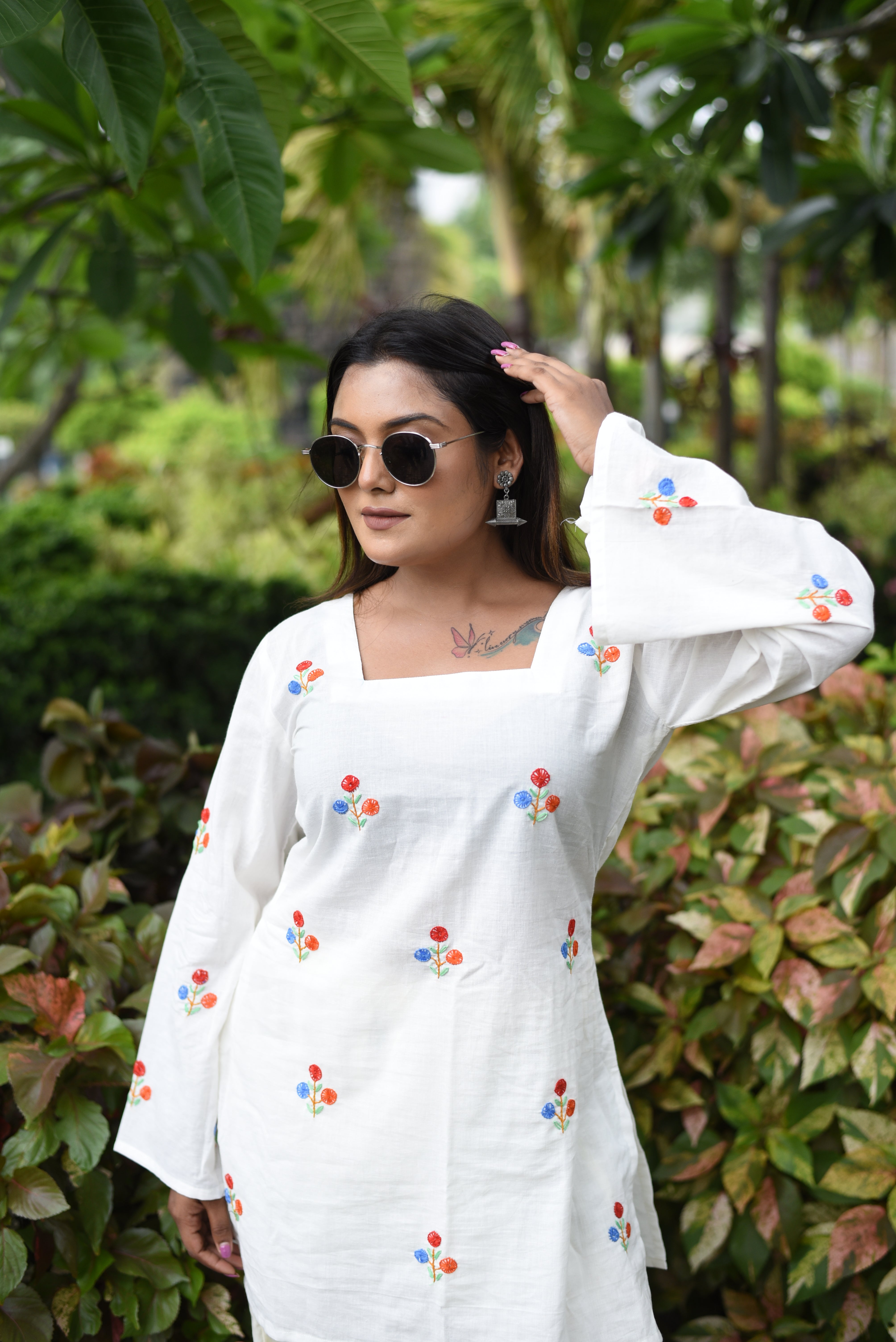 Hand Embroidered Cotton Off White Co-Ord Sets