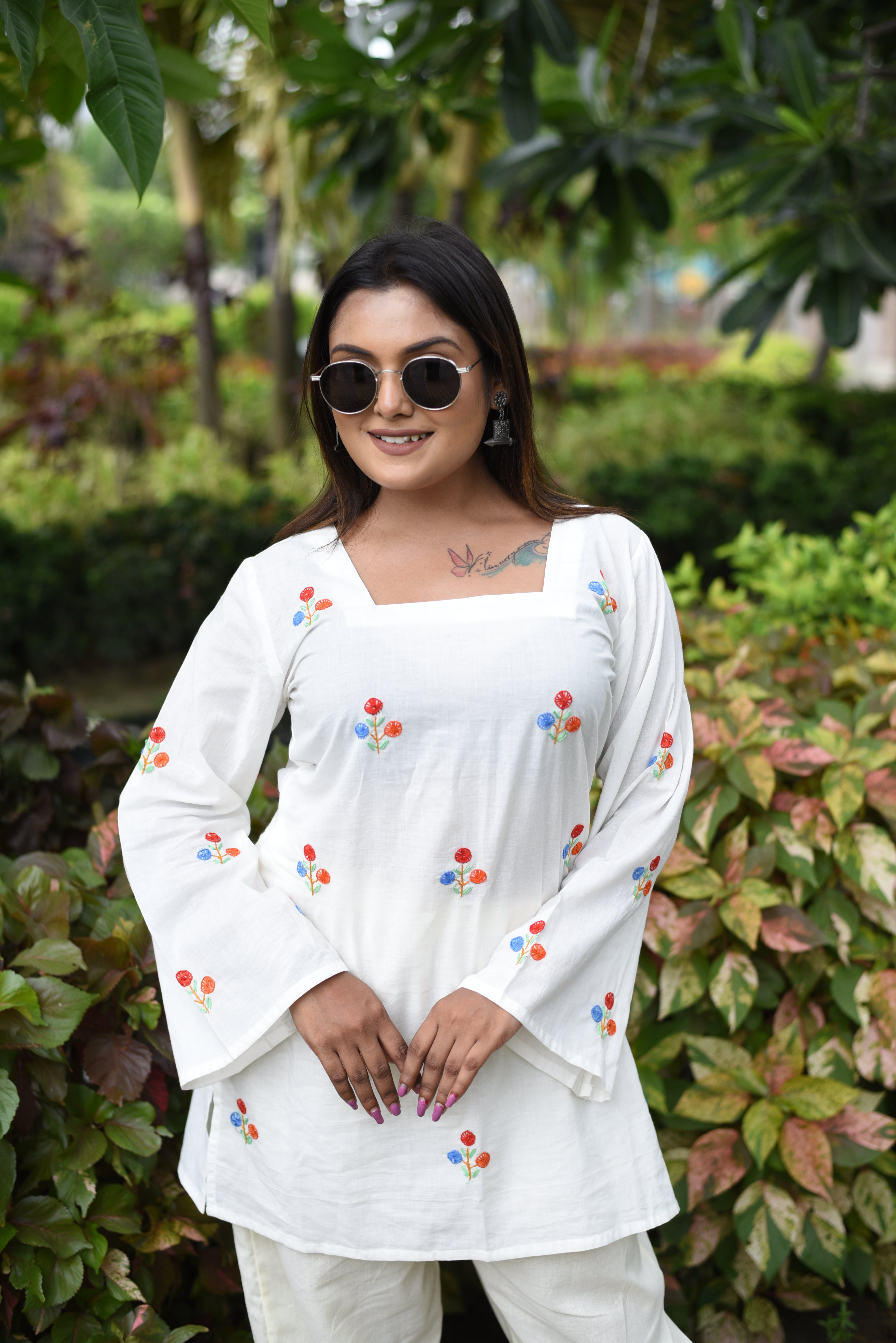 Hand Embroidered Cotton Off White Co-Ord Sets